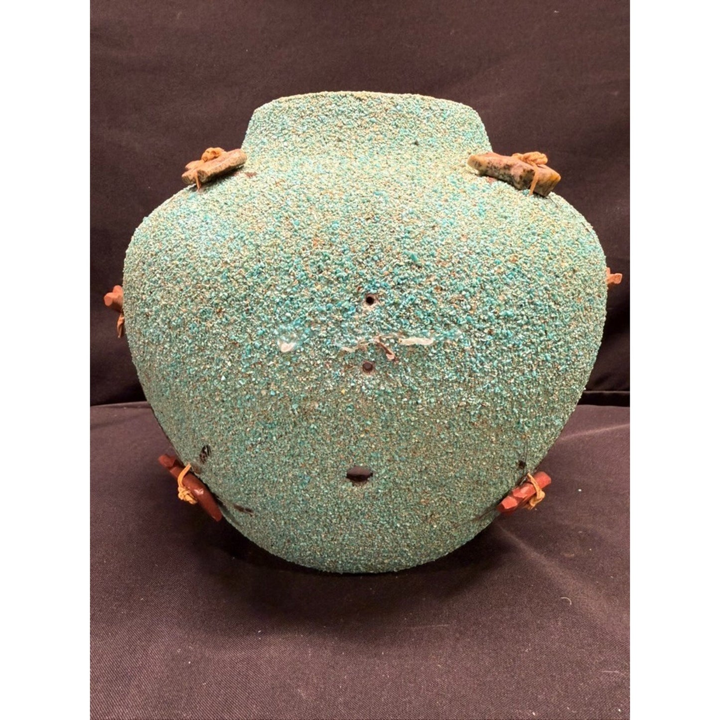 Vintage zuni large fetish pot/jar crushed turquoise 8.5" tall signed by artist