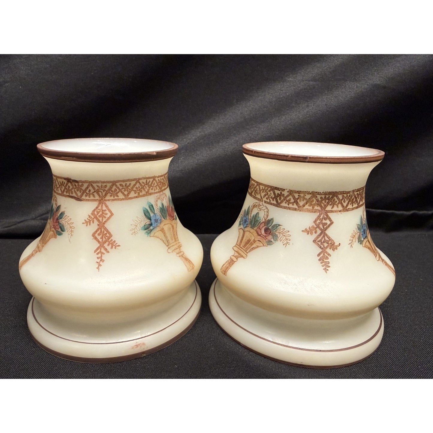 Rare (2) antique glass lamp shades hand painted bell shape brown cream floral 4"
