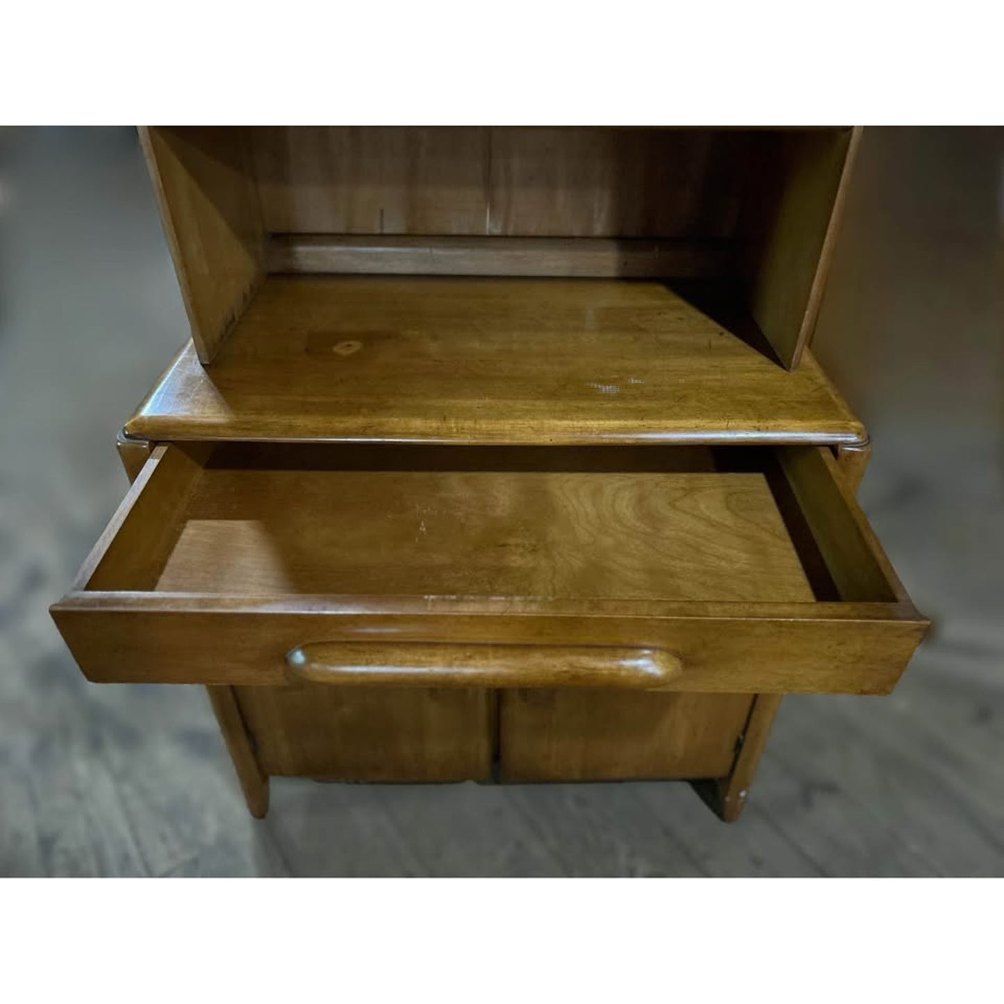 Mid century solid wood hutch with shelves, drawer, and cabinet. Top shelves removable