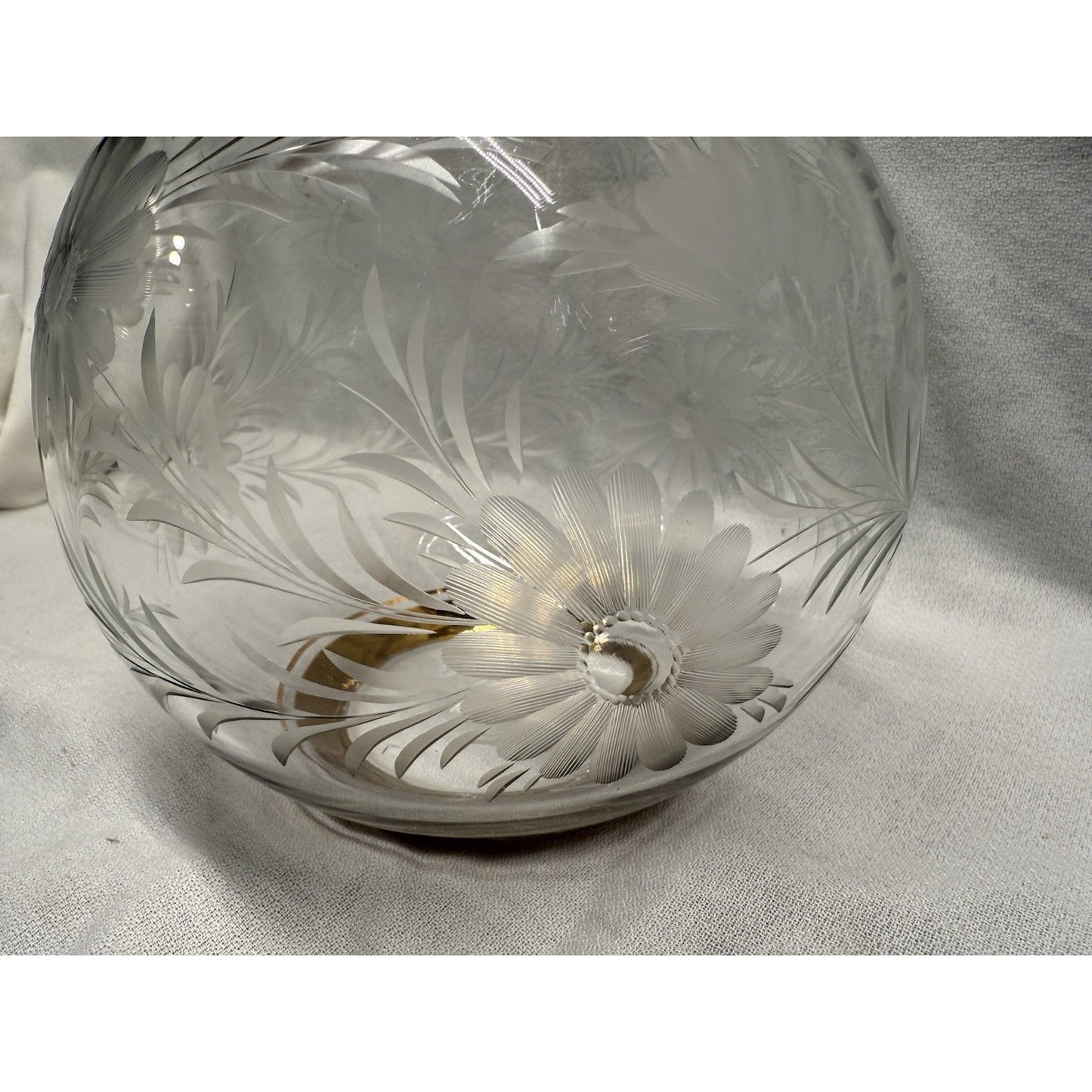 Rare Mid Century Clear Glass Round Vase Etched Flowers Gold Rim On Top & Bottom