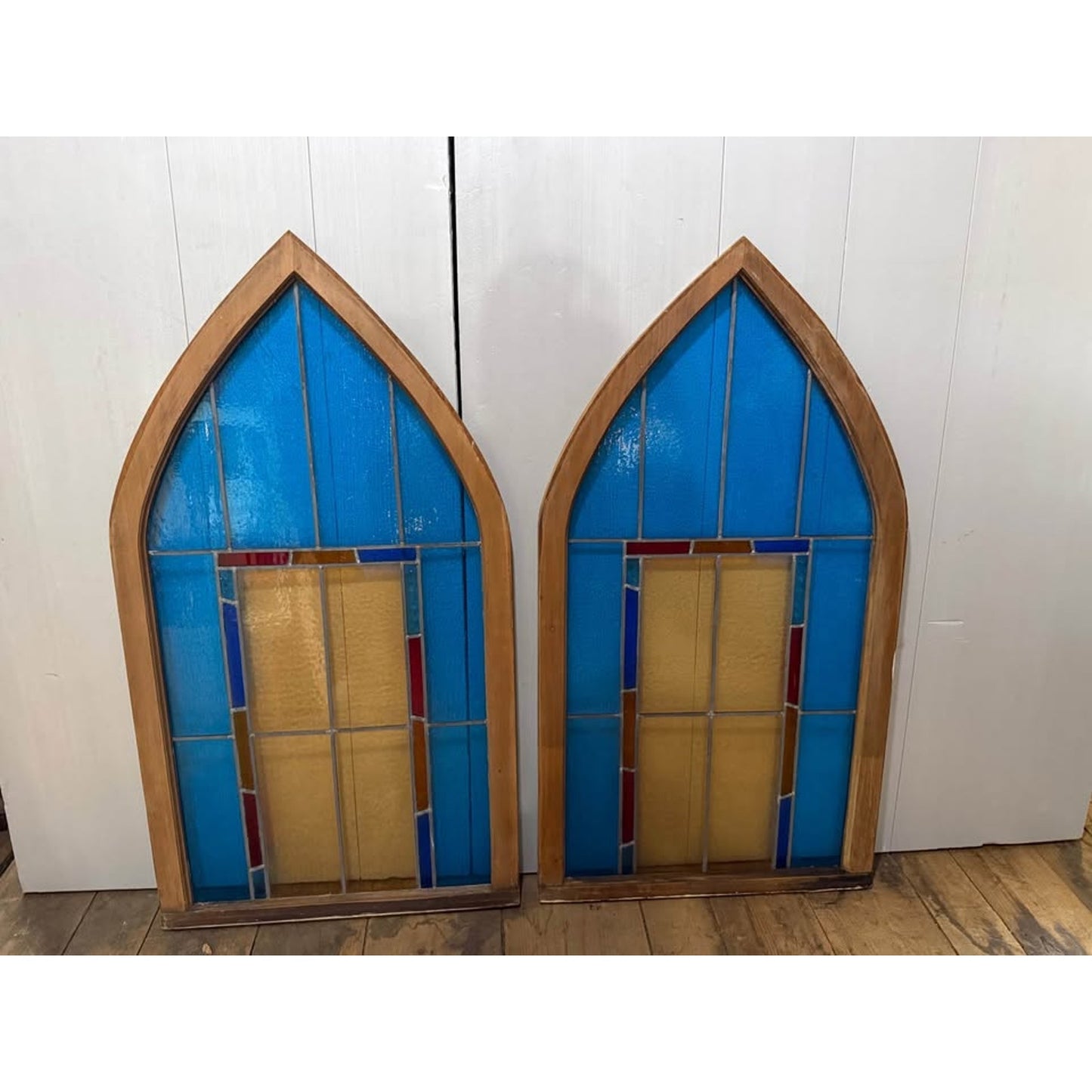 Set of 4 rare 1880’s gothic style & rectangular blue stained glass architectural salvage windows