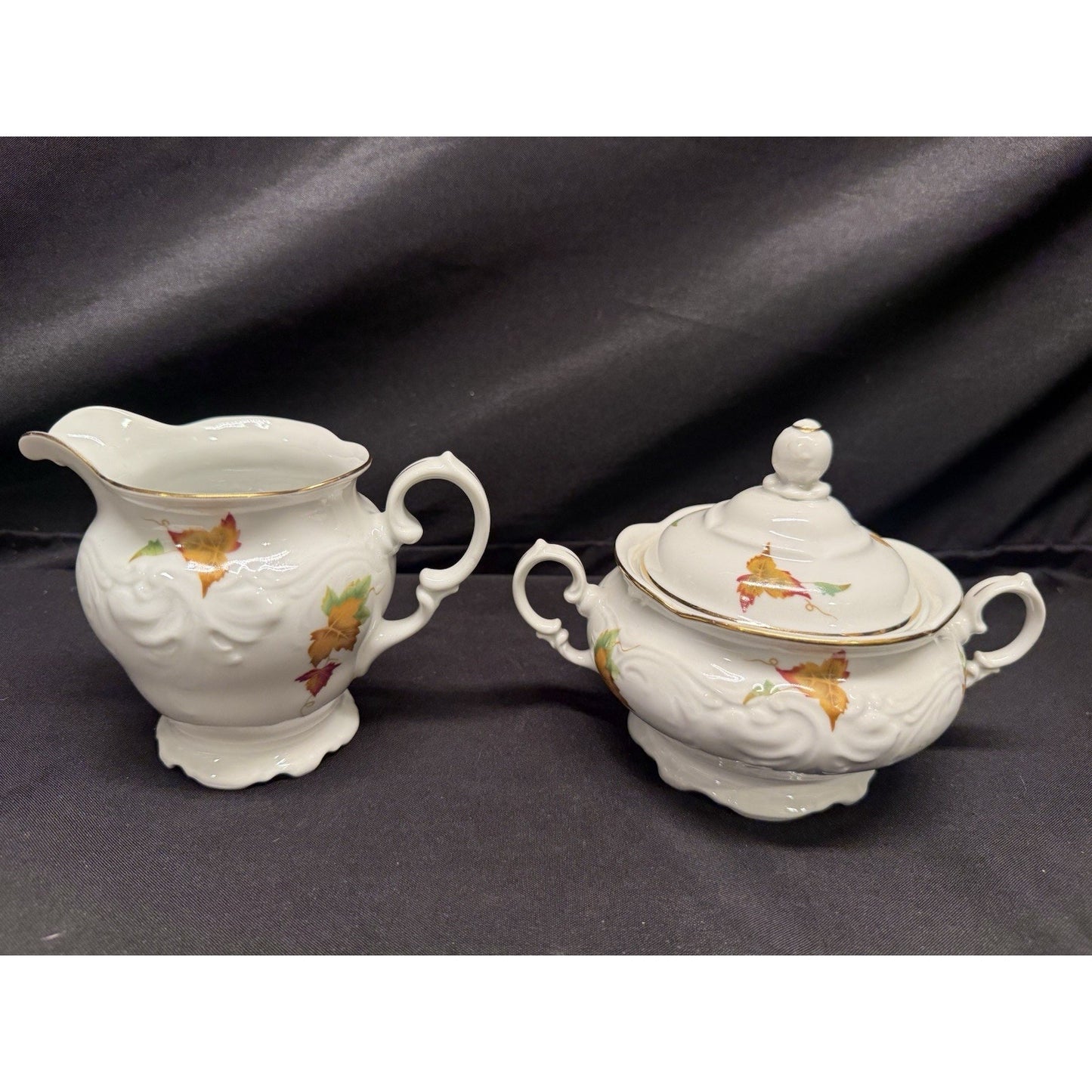 Vintage Walbrzych Sugar & Creamer Dish Set Autumn Leaves Gold Gilding Porcelain