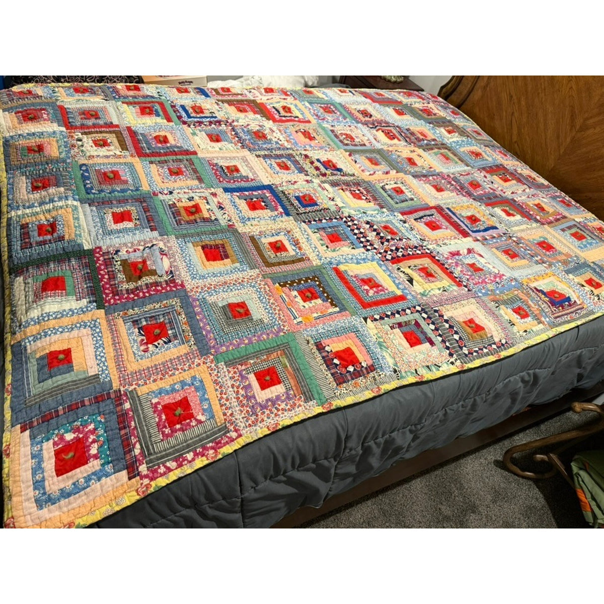 Antique Handmade Log Cabin Quilt Twin Size 60" x 80" Vintage Farmhouse cottage