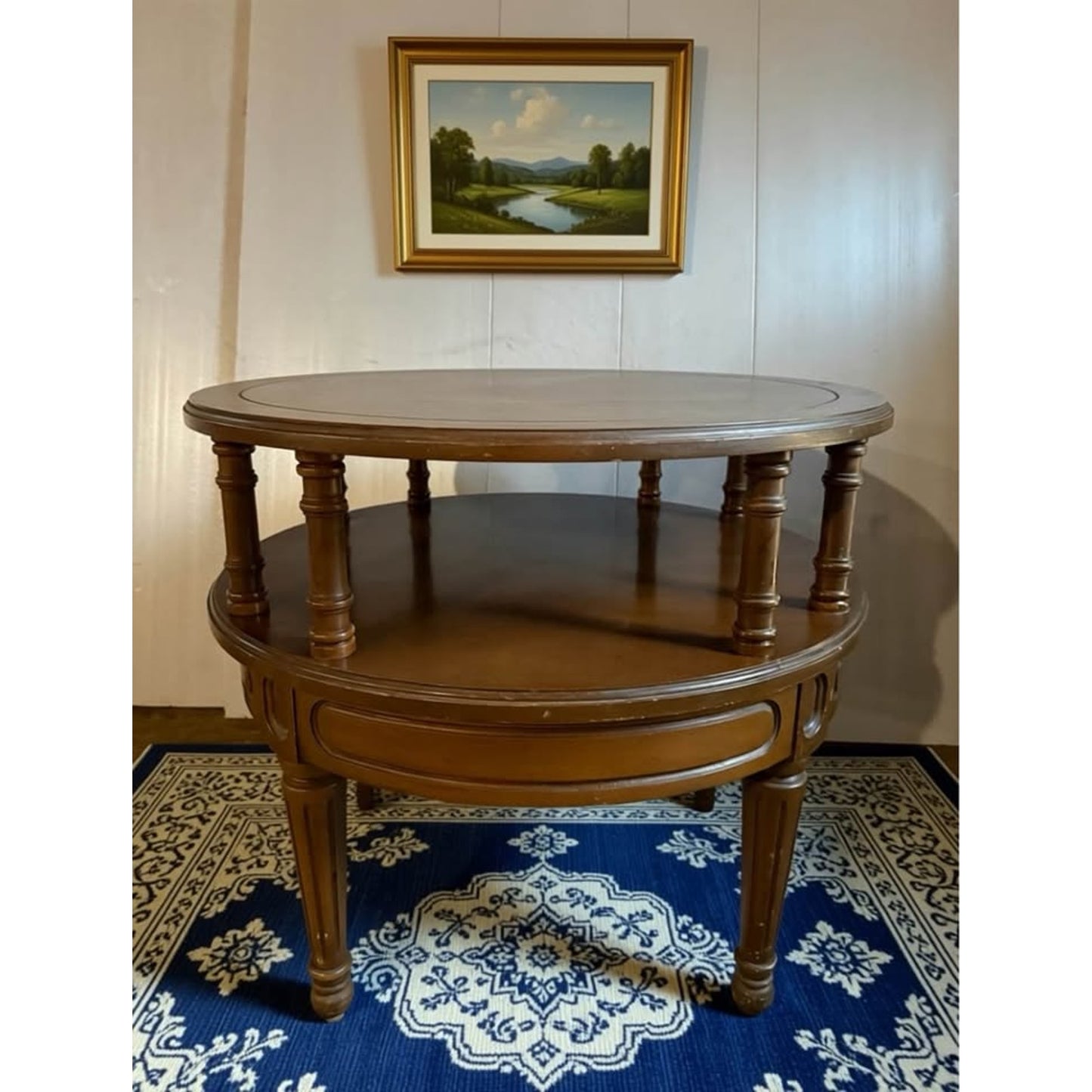 Vintage mersman round 2 tier walnut end table/side table with tapered legs