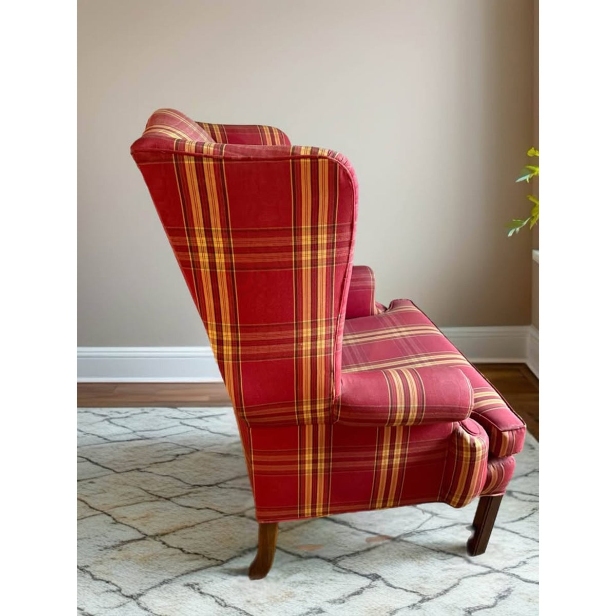 Red, cream & brown plaid wing back chair, great for country cottage!
