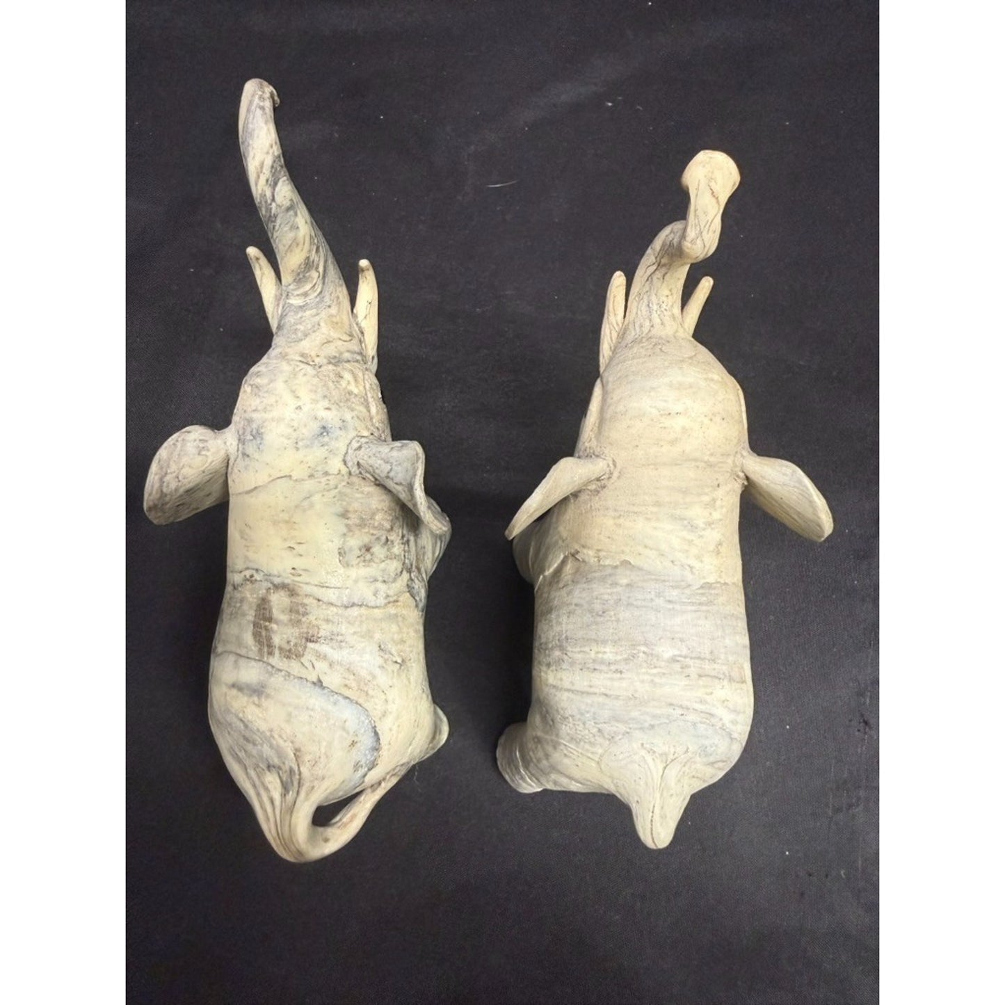 Pair Carved Elephants made from Crushed Oyster Shells trunk up Vintage 5.5" tall