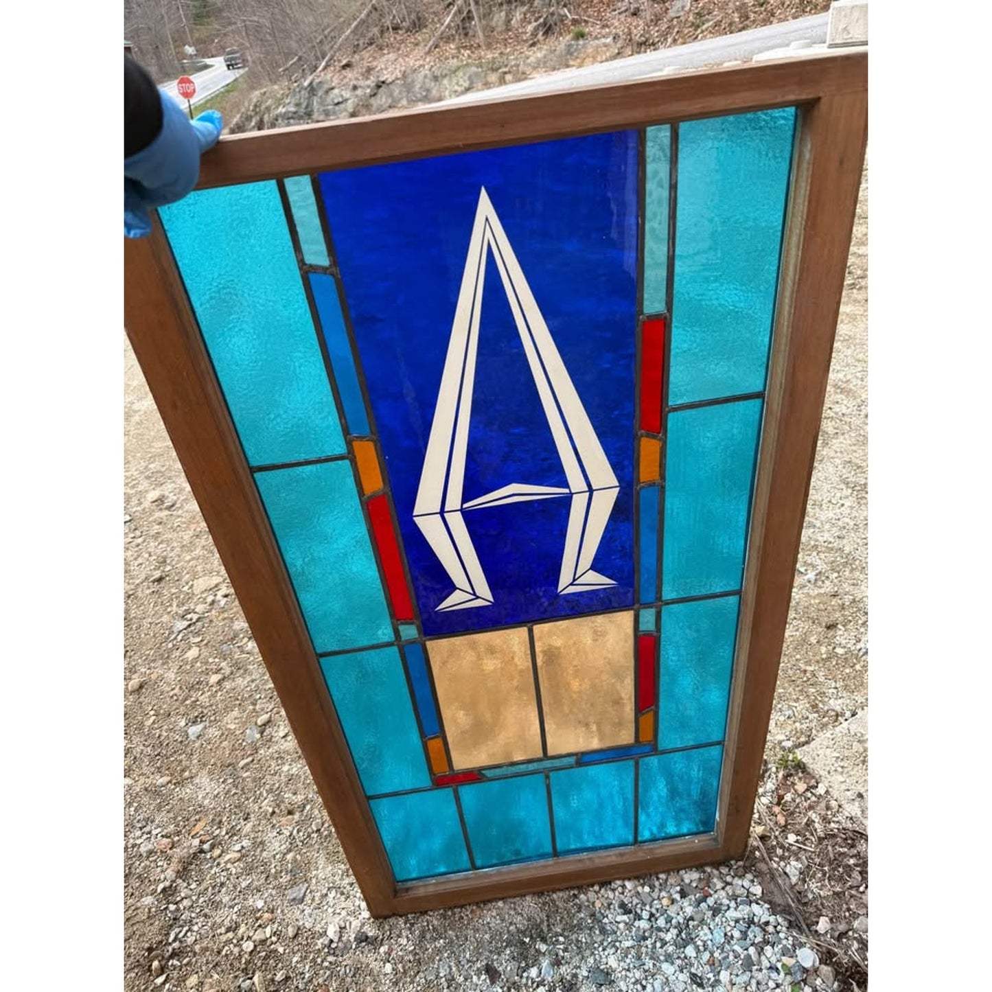 Set of 4 rare 1880’s gothic style & rectangular blue stained glass architectural salvage windows