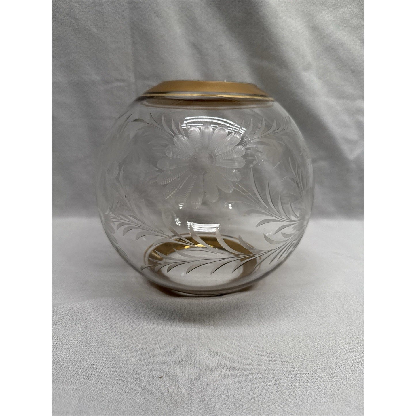 Rare Mid Century Clear Glass Round Vase Etched Flowers Gold Rim On Top & Bottom