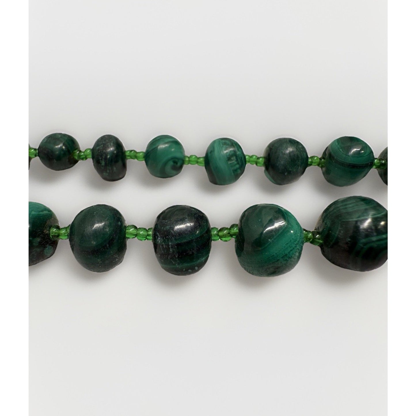 Vintage Chinese Malachite natural carved green gemstone beaded necklace 12”