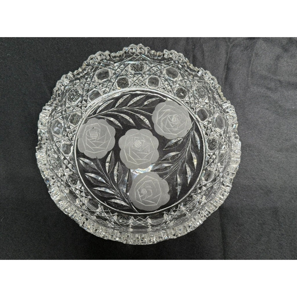 American Brilliant Crystal Cut Glass Round Centerpiece Bowl Etched Flowers 8"
