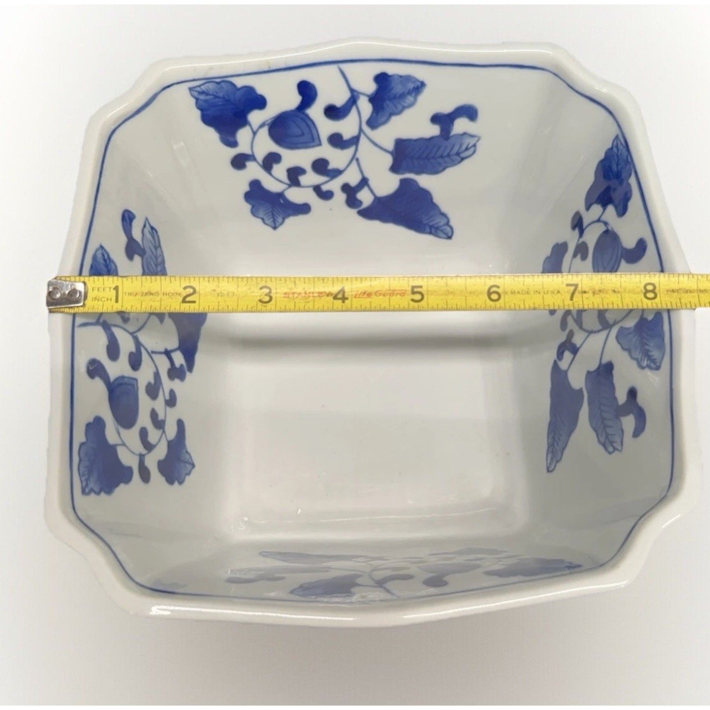 Rare vintage Chinese bamboo floral blue white Porcelain square serving bowl 8.5”