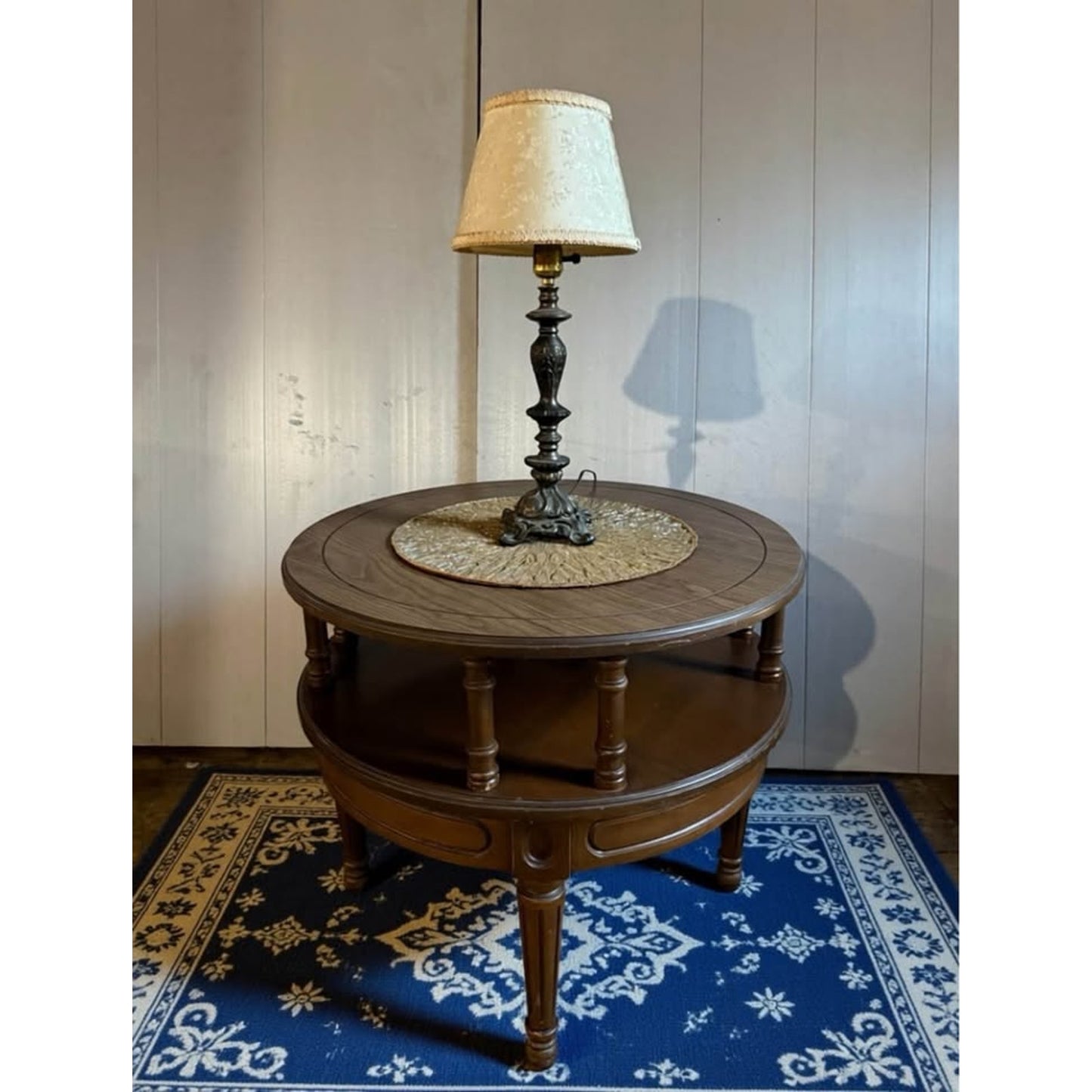 Vintage mersman round 2 tier walnut end table/side table with tapered legs
