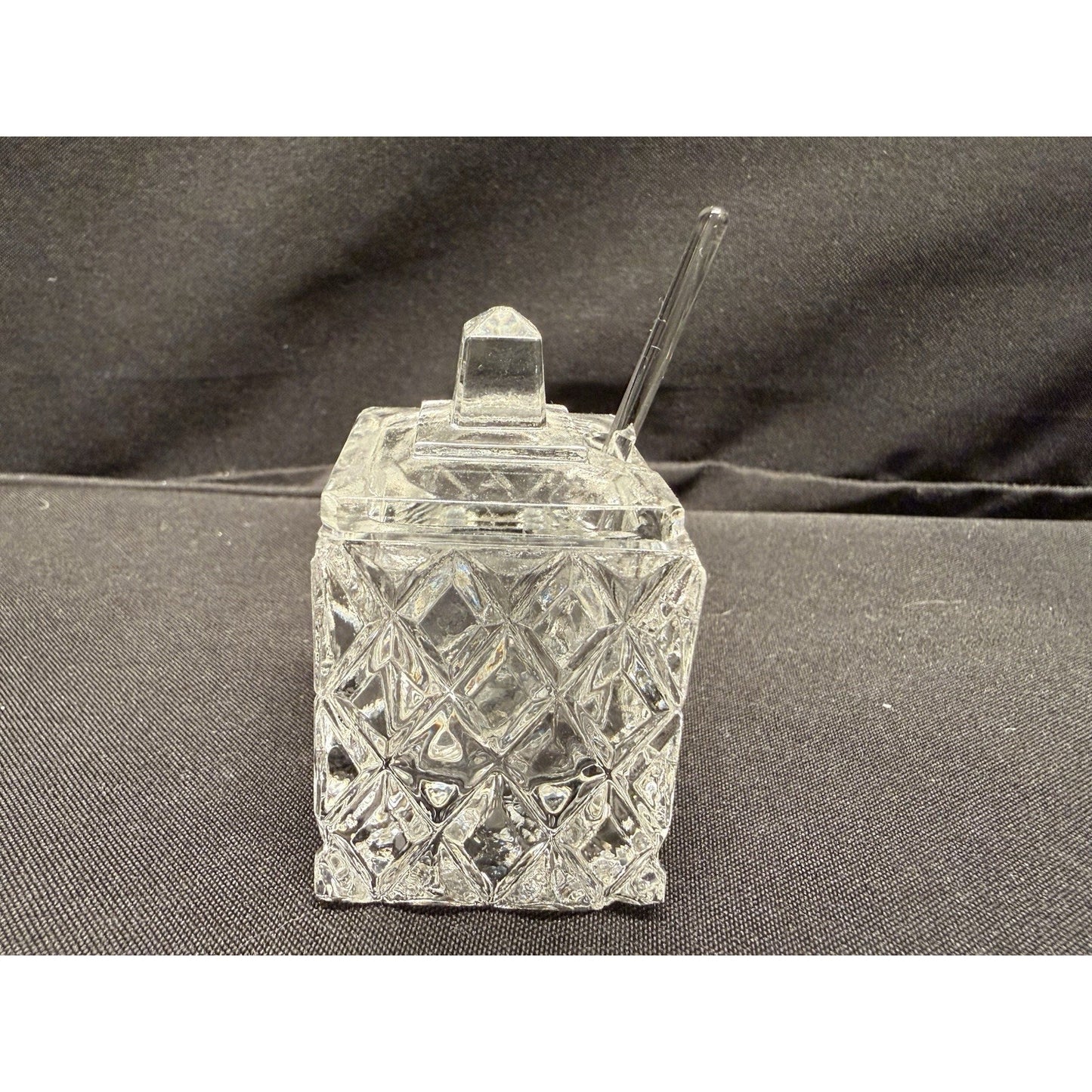 Rare Mini Crystal Clear Glass Cruets & Jam Jar W/ Spoon Set Of 3 Square Vintage