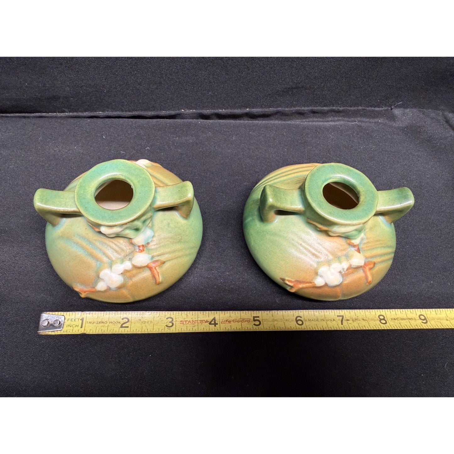 Pair of Roseville Pottery Candlestick Holders Green white berry 1CS1 Vintage