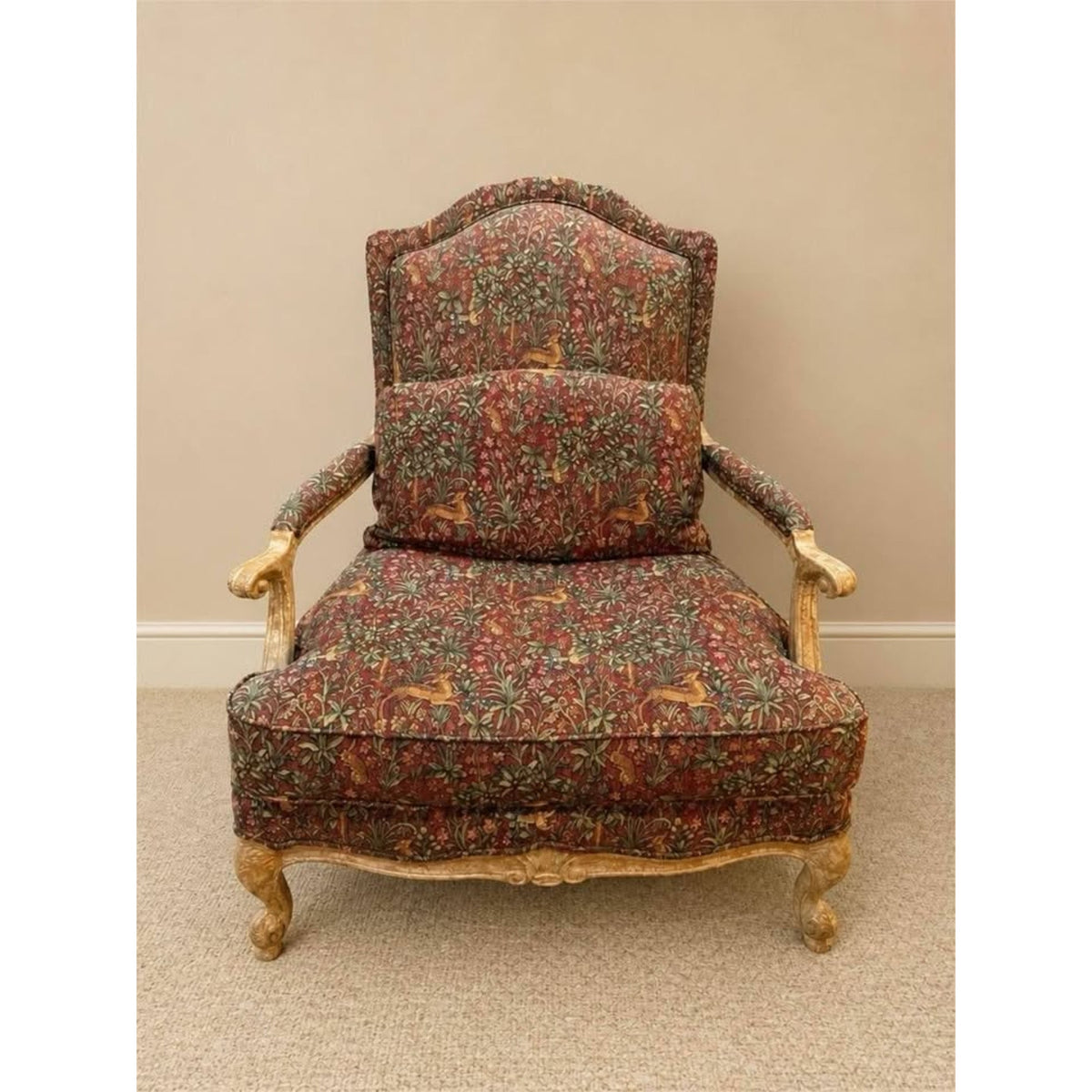 French provincial cottage style accent chair & matching ottoman wildlife red green tan