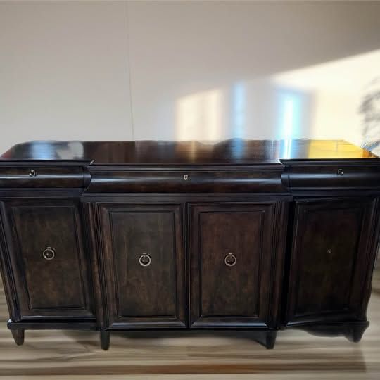 A.R.T Discontinued brindle buffet with Greek style hardware & inner wine slats