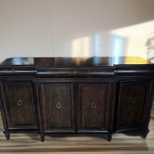 A.R.T Discontinued brindle buffet with Greek style hardware & inner wine slats