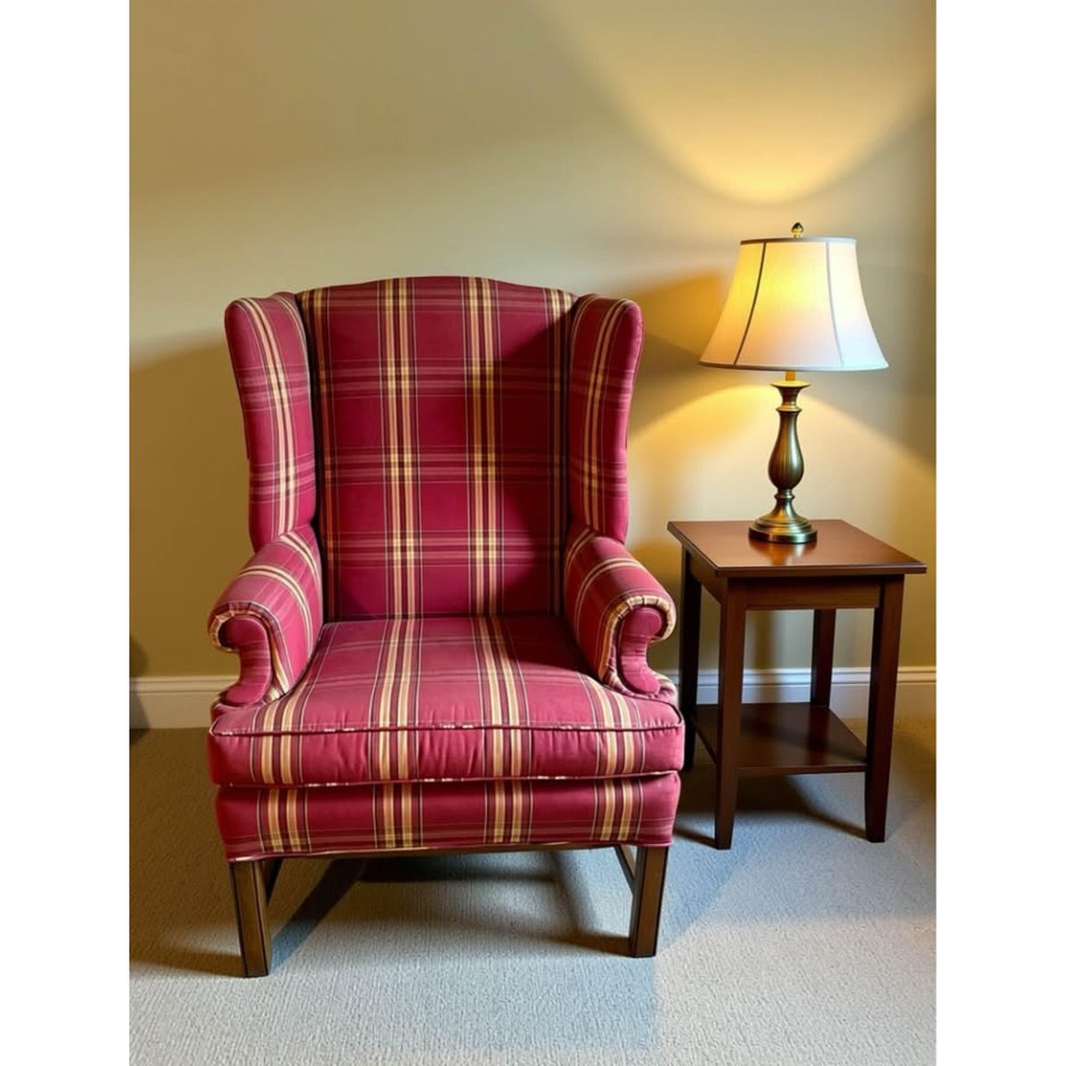 Red, cream & brown plaid wing back chair, great for country cottage!