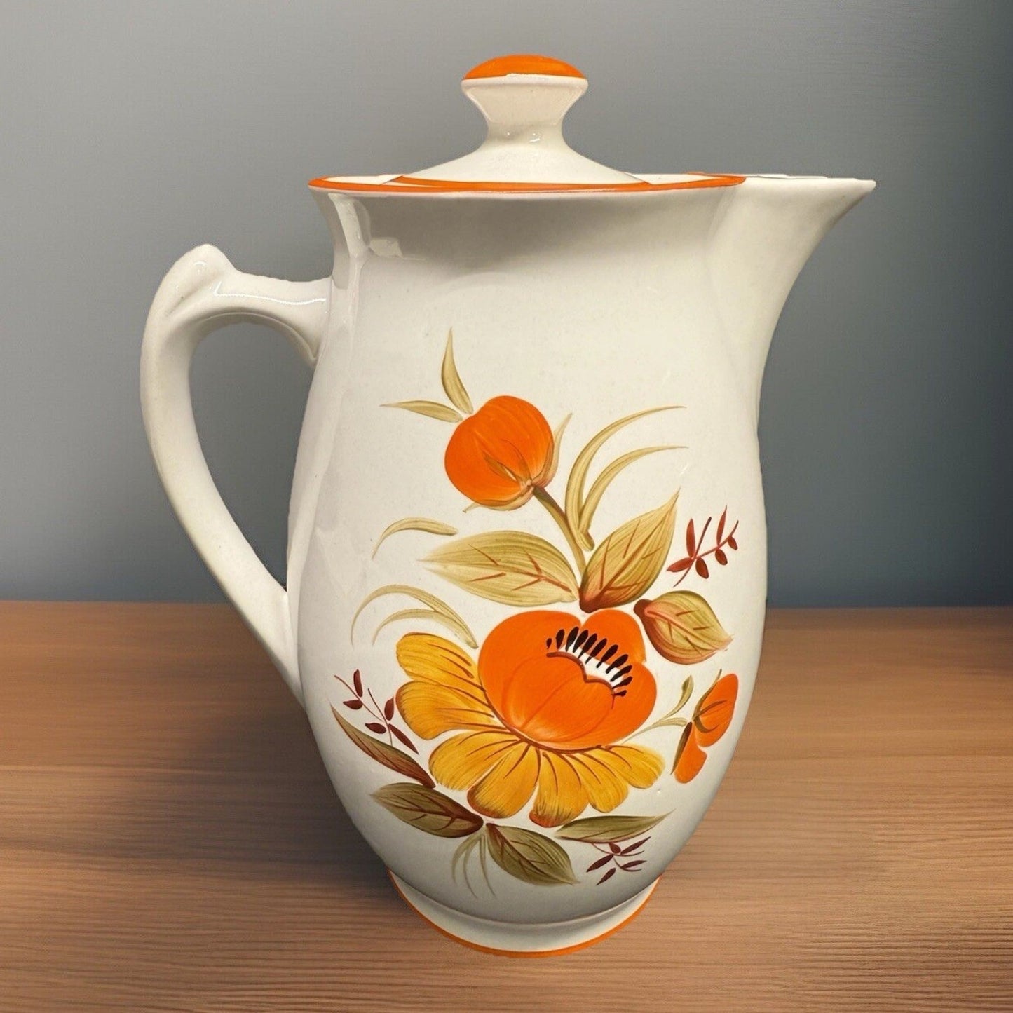 Rare MCM White ceramic Lidded Pitcher Orange Flower 9.75” Tall Coffee Water Tea
