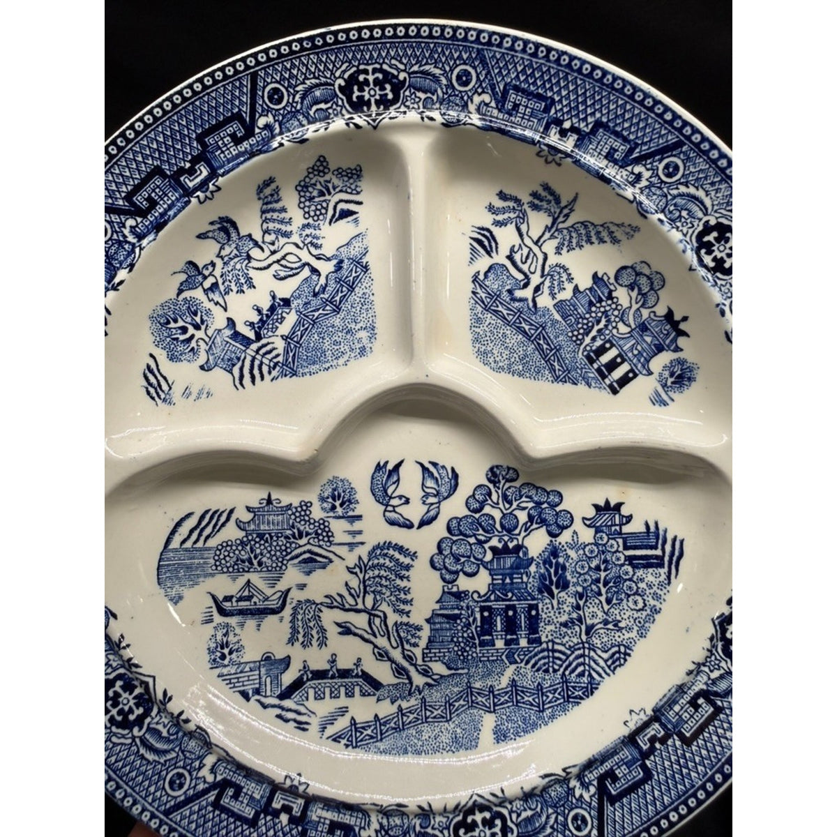 Set of 3 Blue Willow Divided Plates/Grill Plates Made in Poland 10.75" Vintage