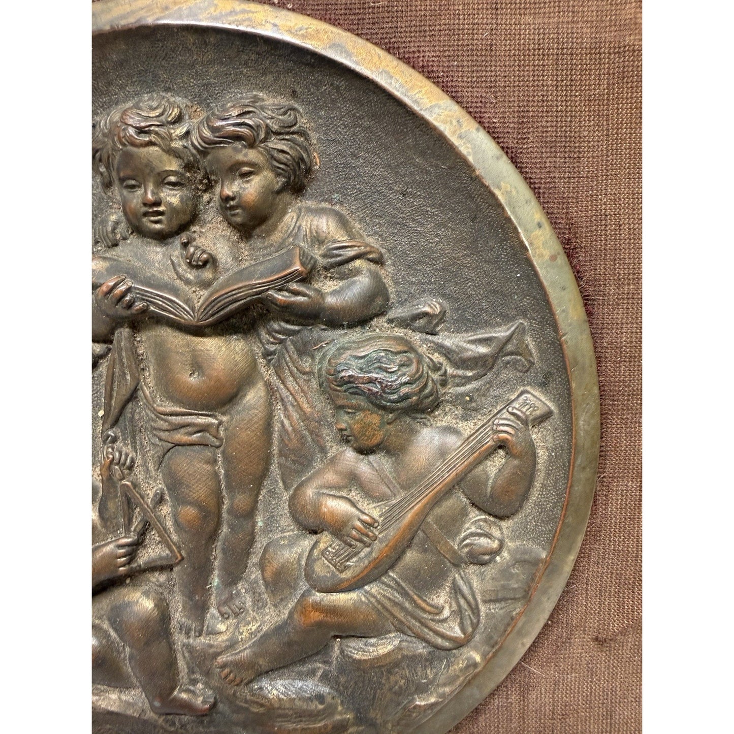 Rare Antique Bronze 5 Cherubs Playing Instruments relief Plaque Wall Hanging 9”