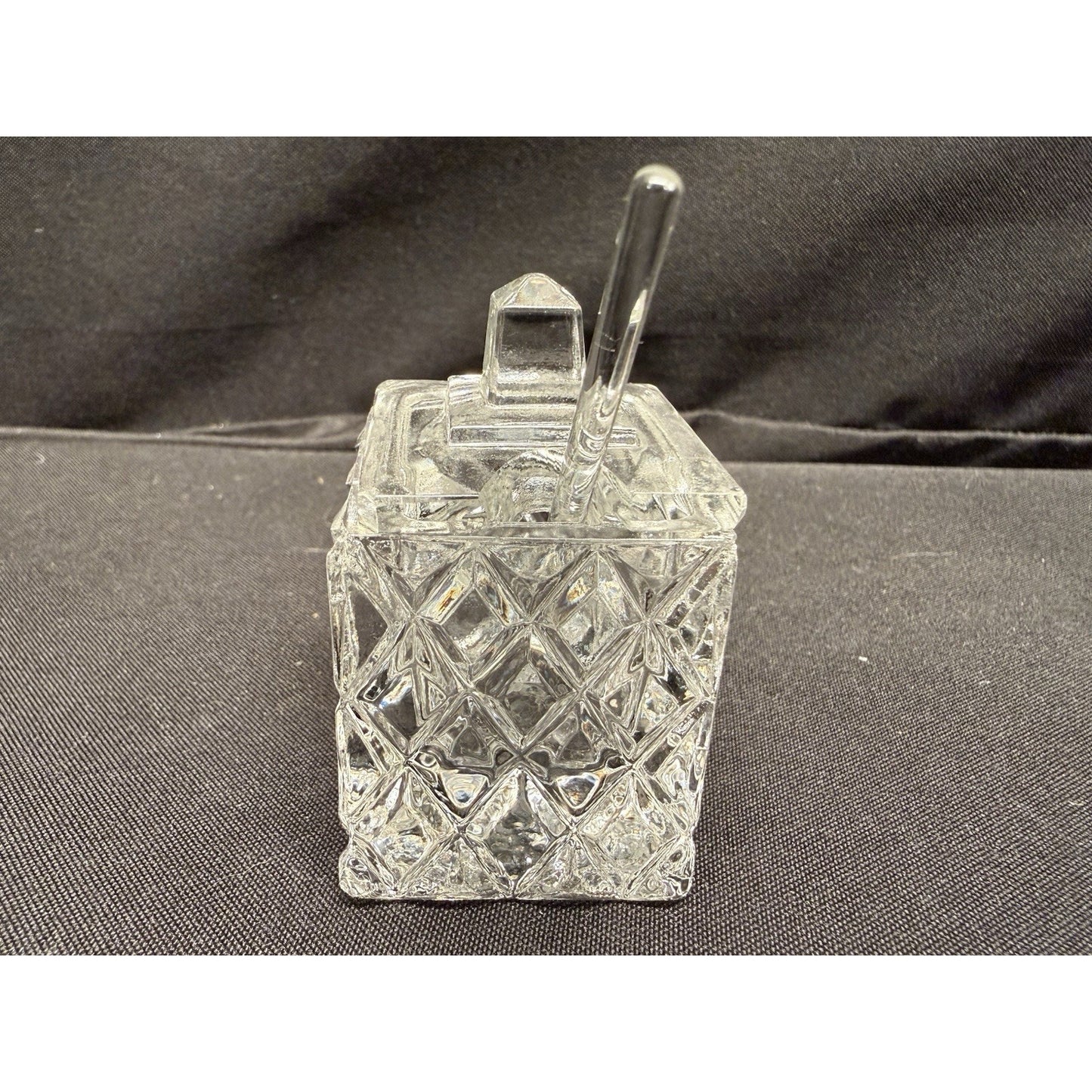 Rare Mini Crystal Clear Glass Cruets & Jam Jar W/ Spoon Set Of 3 Square Vintage