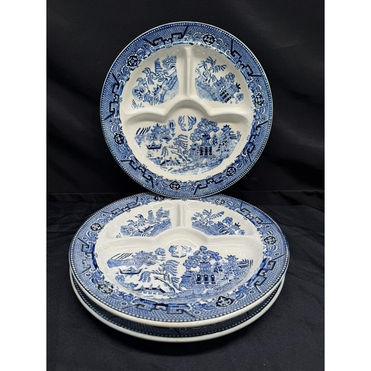 Set of 3 Blue Willow Divided Plates/Grill Plates Made in Poland 10.75" Vintage