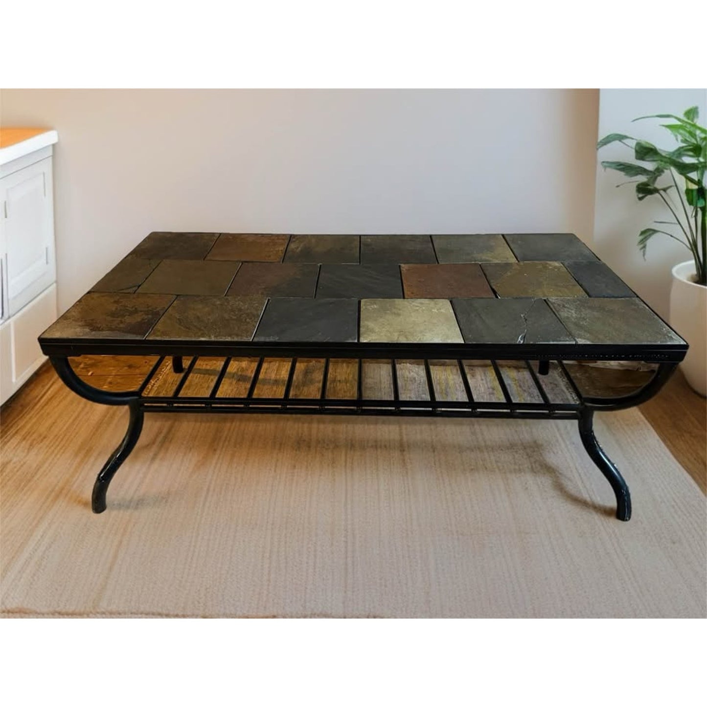 Slate tile top coffee table with black metal frame, nice neutral colors