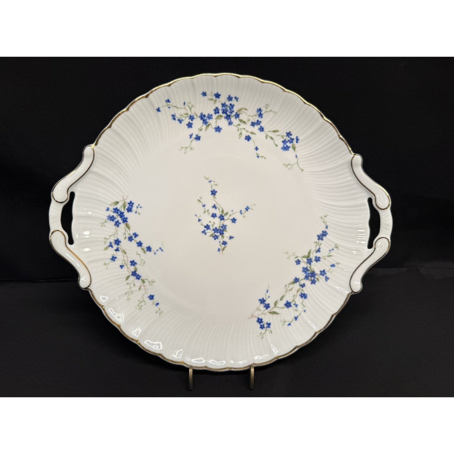 Bernardaud Limoges France Myosotis Handled 11” Cake Plate platter blue flowers