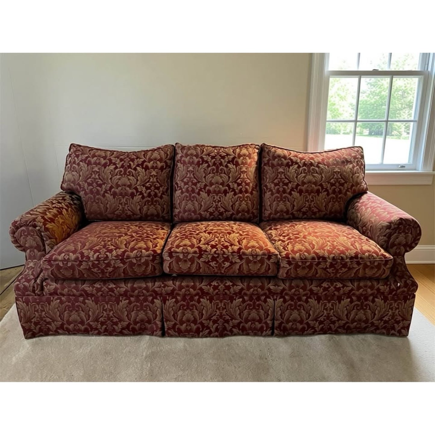 Burgundy and beige 3 seater plush couch very soft