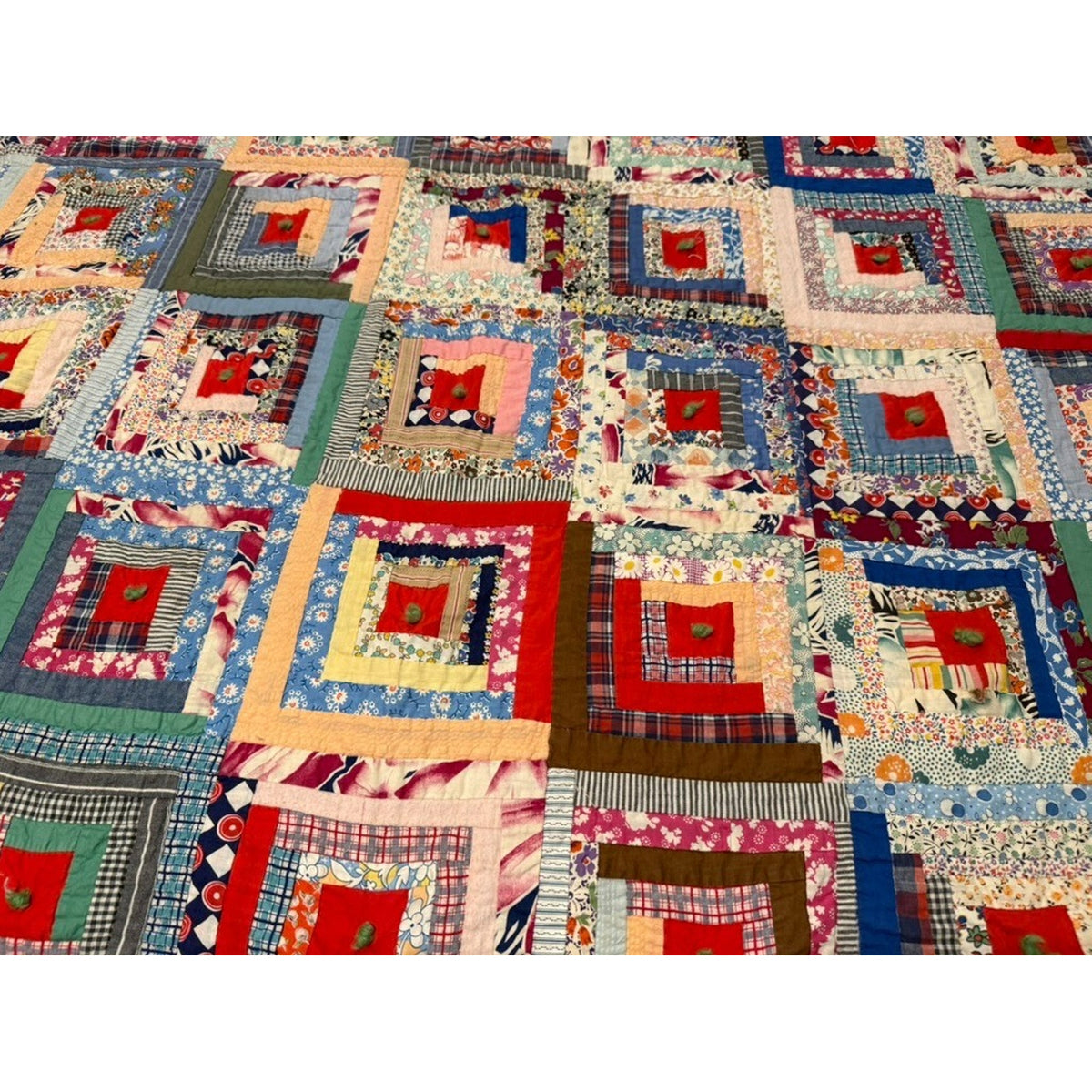 Antique Handmade Log Cabin Quilt Twin Size 60" x 80" Vintage Farmhouse cottage