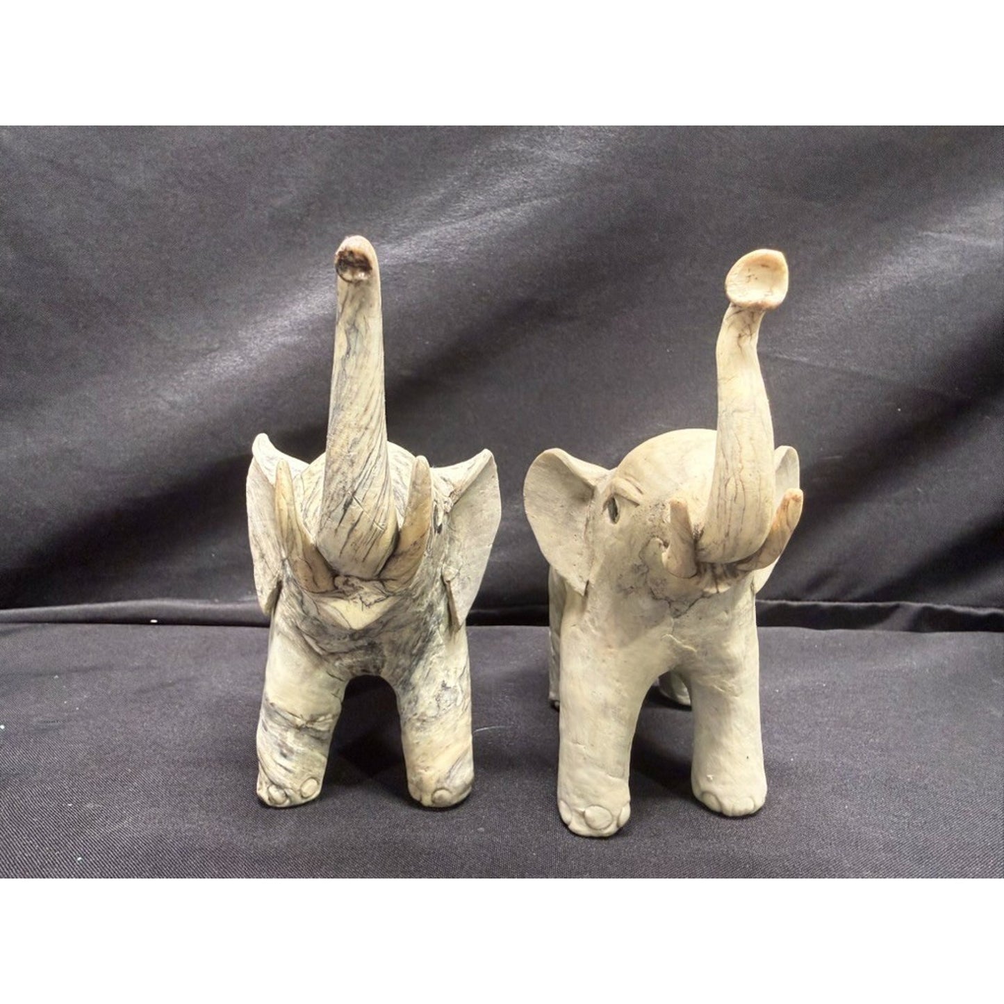 Pair Carved Elephants made from Crushed Oyster Shells trunk up Vintage 5.5" tall
