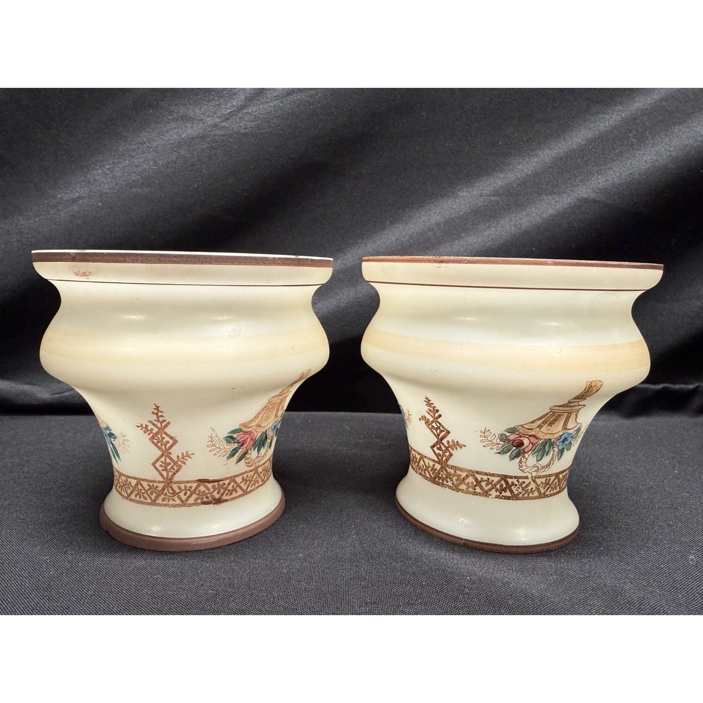 Rare (2) antique glass lamp shades hand painted bell shape brown cream floral 4"