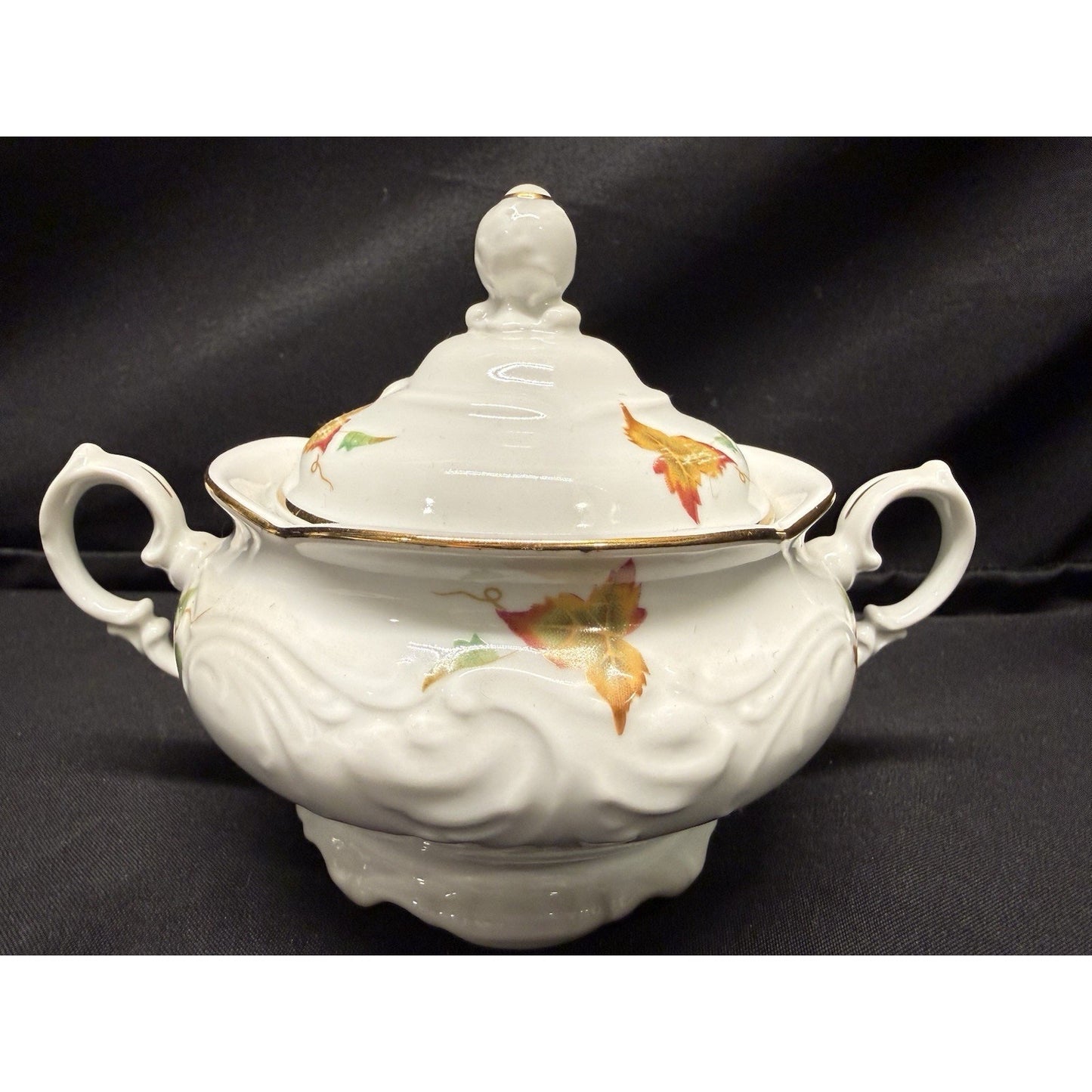 Vintage Walbrzych Sugar & Creamer Dish Set Autumn Leaves Gold Gilding Porcelain