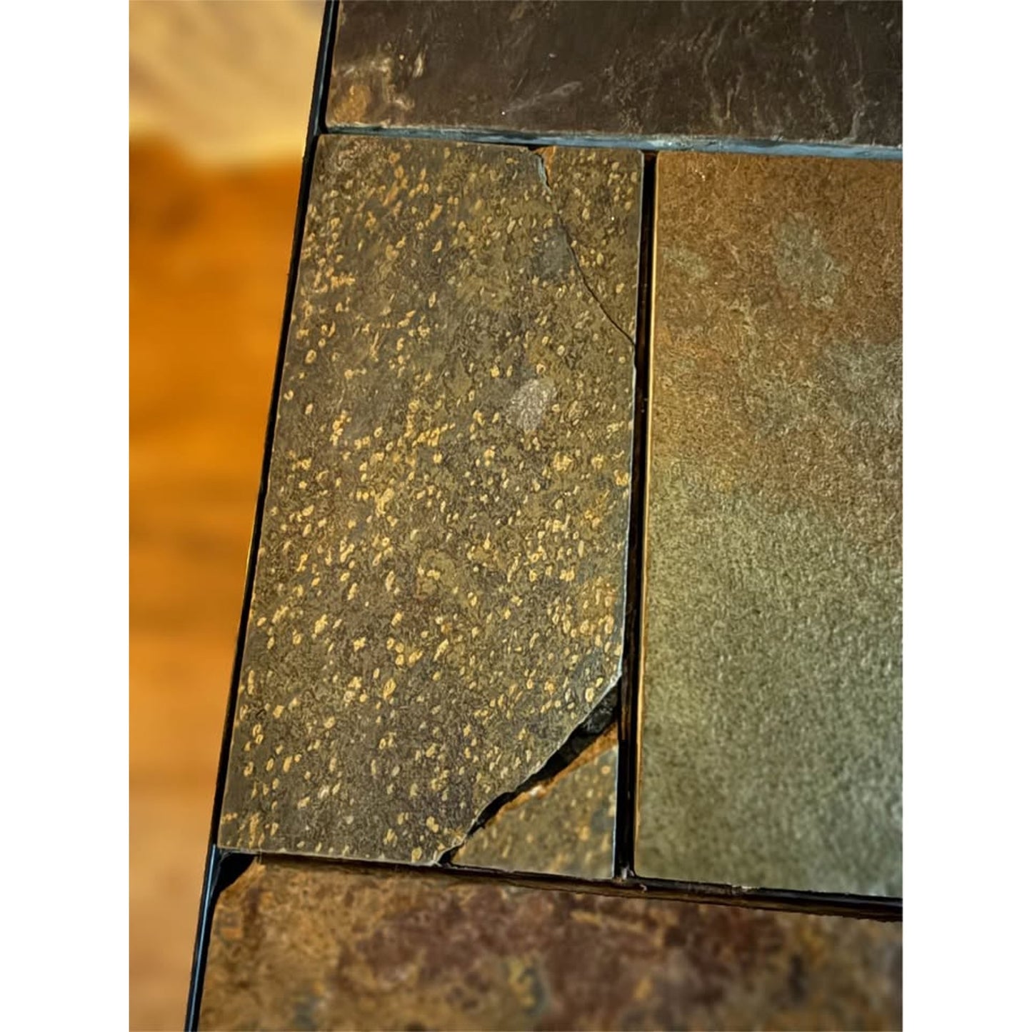 Slate tile top coffee table with black metal frame, nice neutral colors