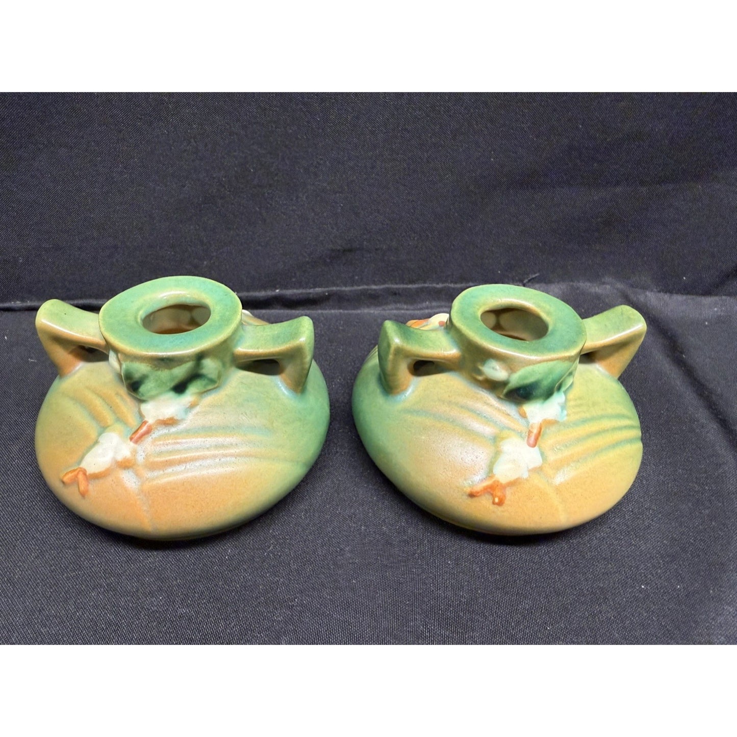 Pair of Roseville Pottery Candlestick Holders Green white berry 1CS1 Vintage