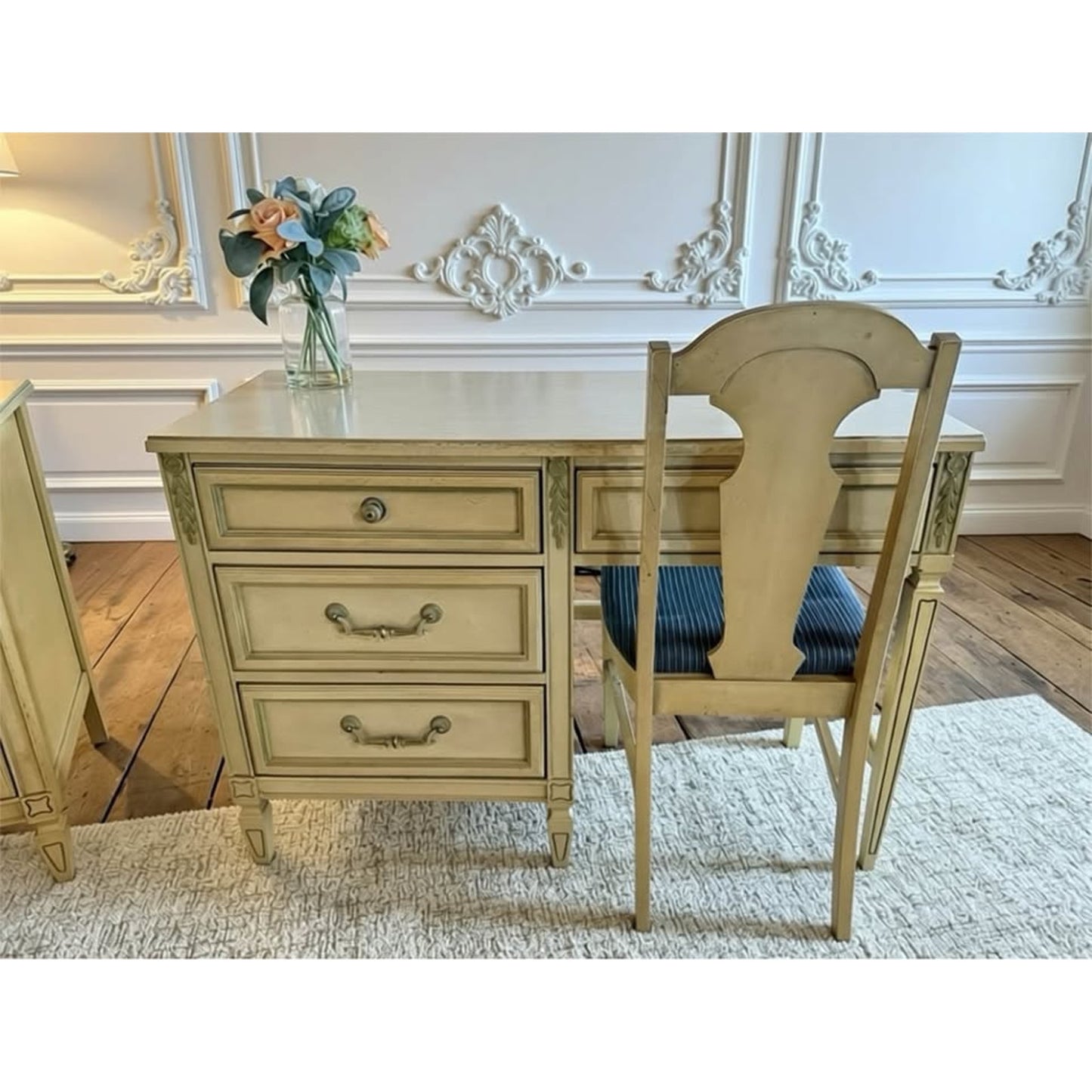 Cream color French provincial bedroom set bed frame, desk, bookcase, mirror, night stand, dresser