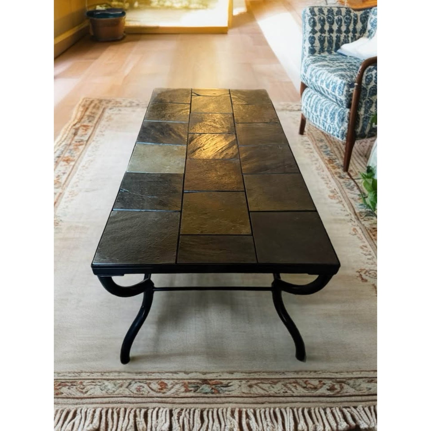Slate tile top coffee table with black metal frame, nice neutral colors