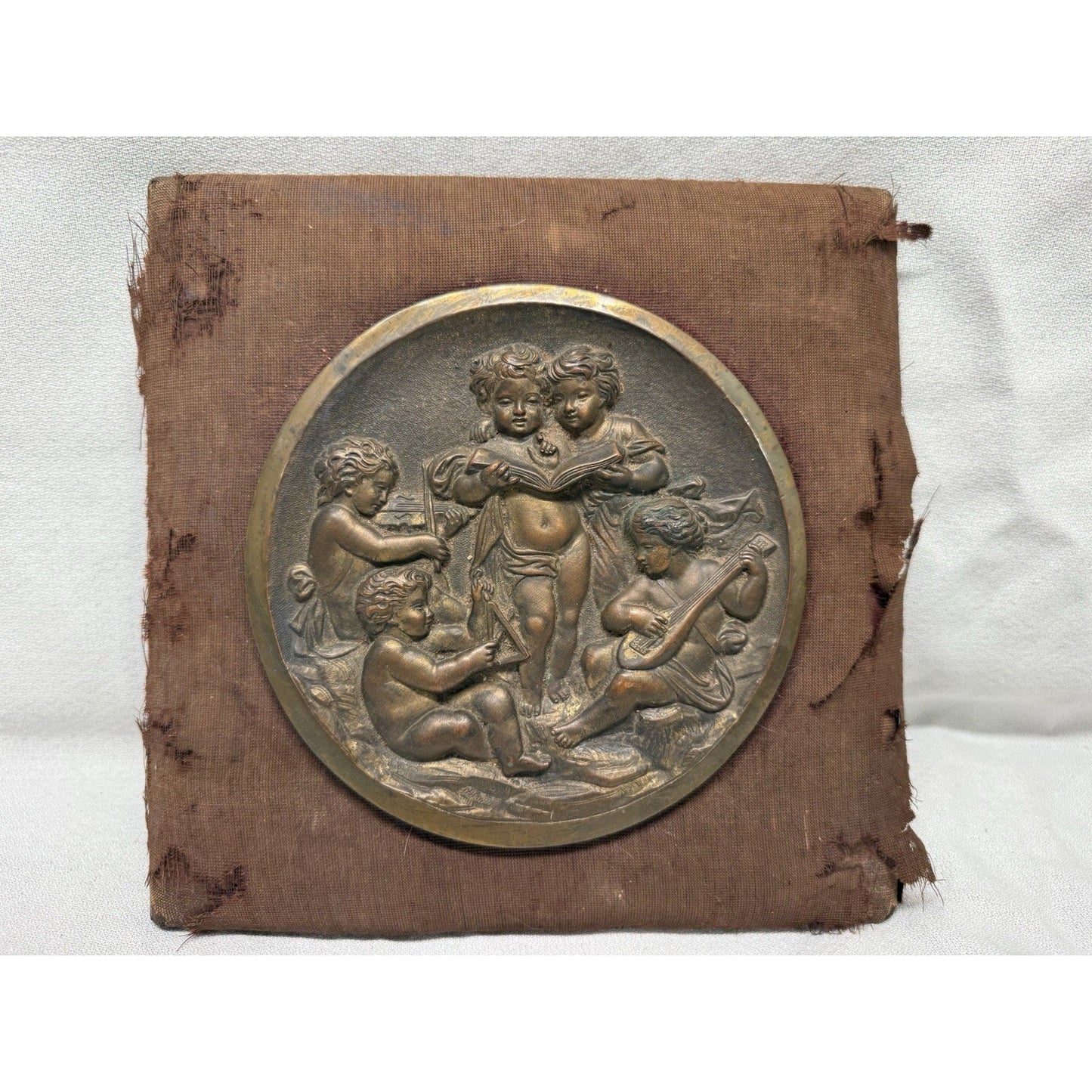 Rare Antique Bronze 5 Cherubs Playing Instruments relief Plaque Wall Hanging 9”