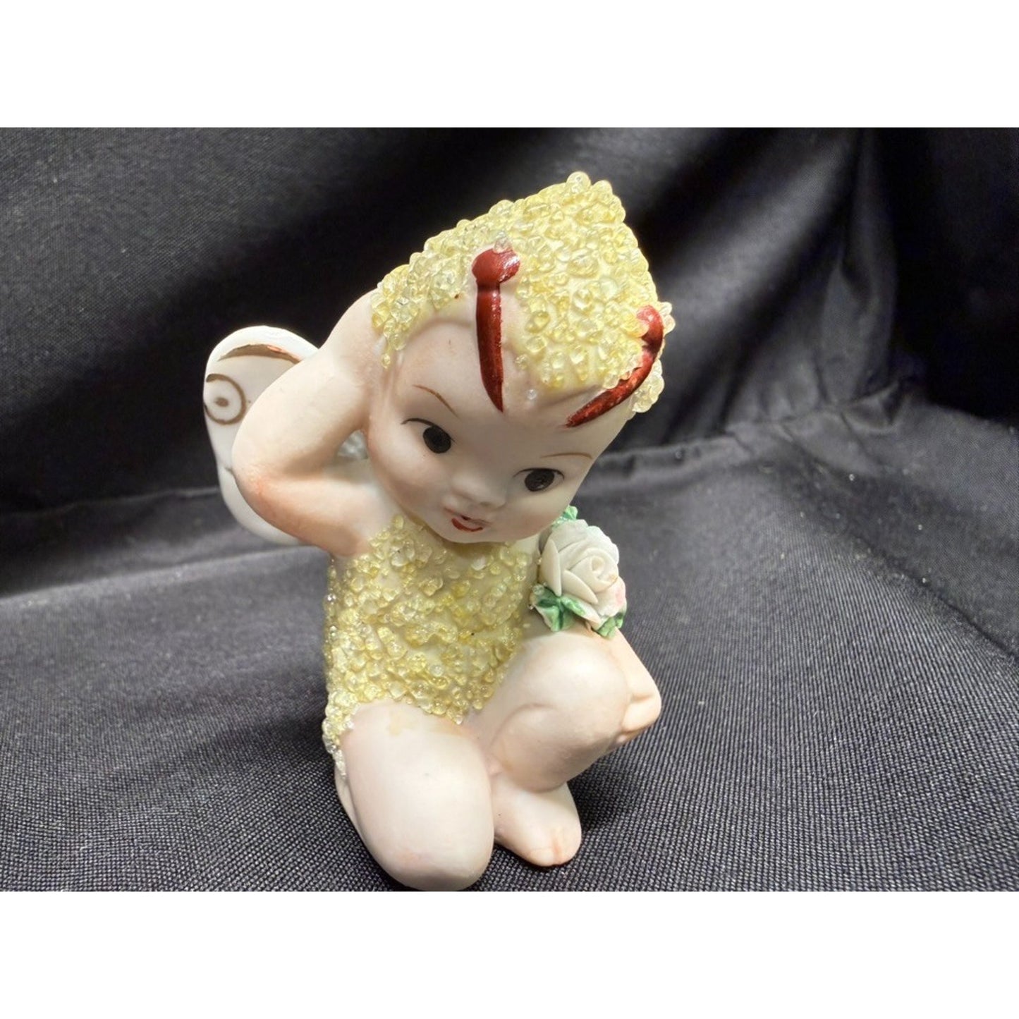 Pair of Vintage Sugar Baby Fairy Pixie Porcelain Figurines 1 blue 1 yellow 2.75"