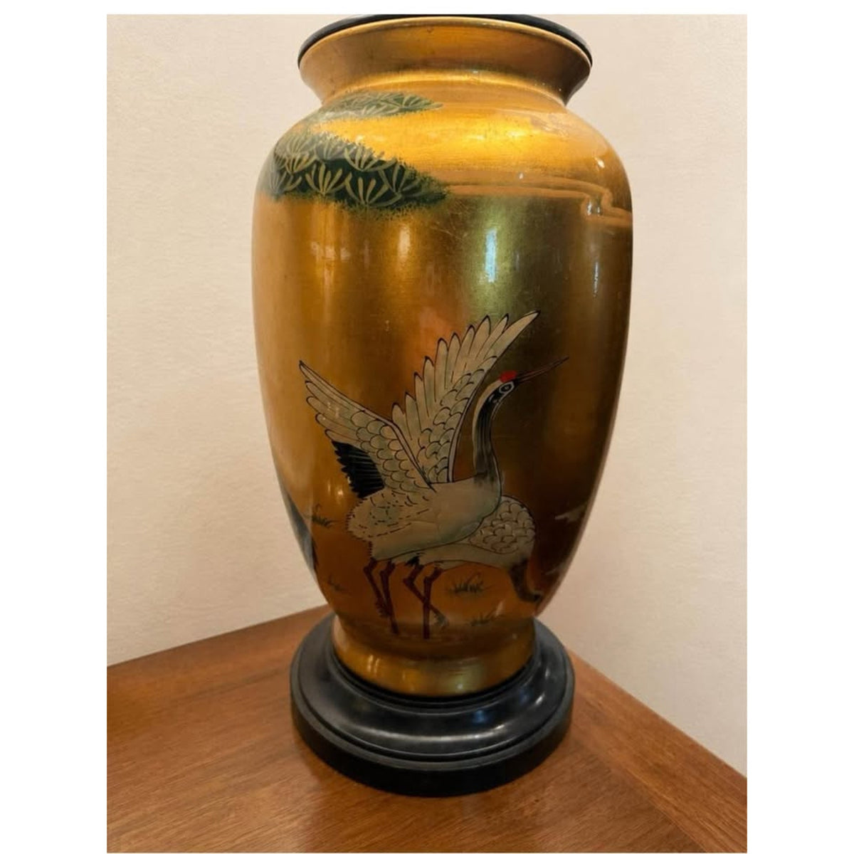 Pair of Vintage Asian hand painted Gold Ceramic Table Lamps with cranes