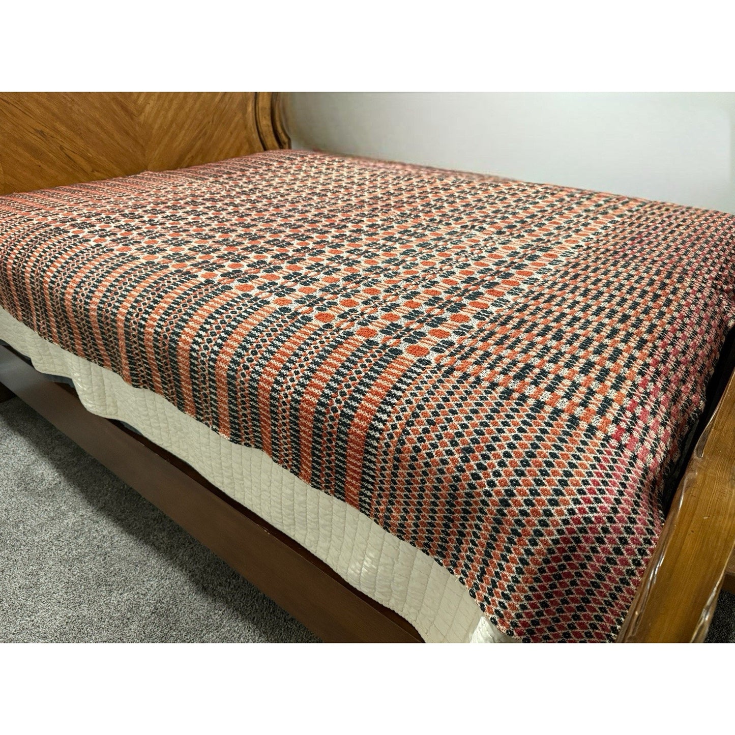 Antique Wool Overshot Coverlet Handwoven 4 Pattern Red Black White Full/queen