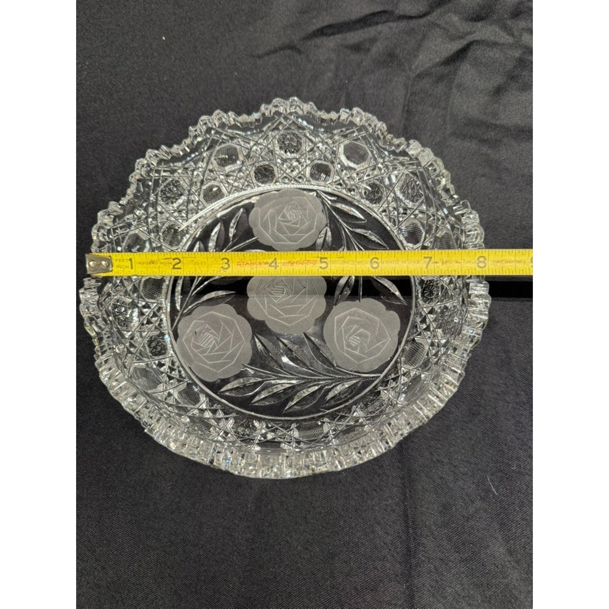 American Brilliant Crystal Cut Glass Round Centerpiece Bowl Etched Flowers 8"