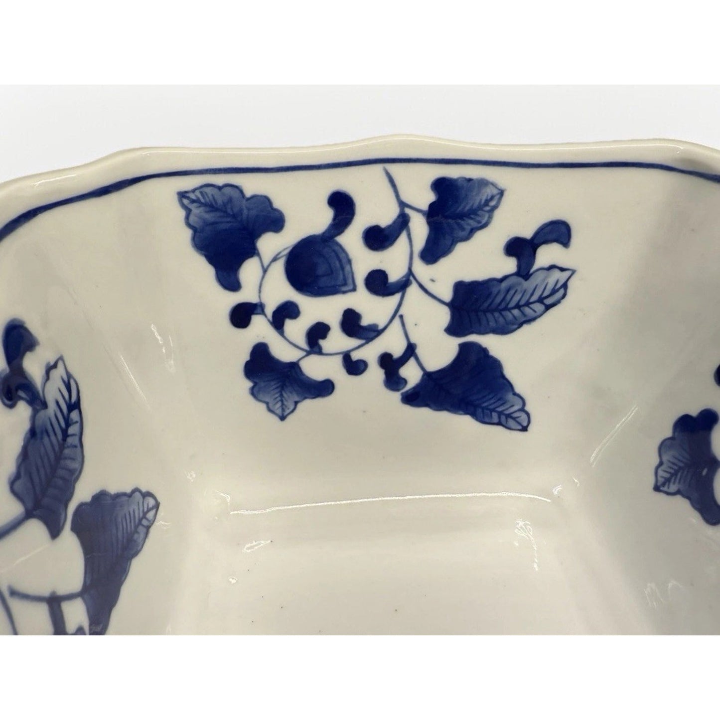 Rare vintage Chinese bamboo floral blue white Porcelain square serving bowl 8.5”