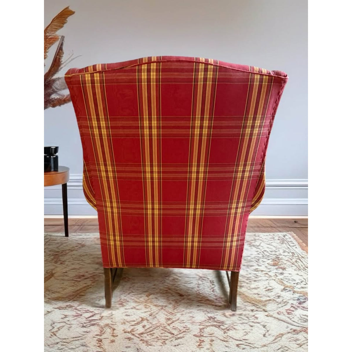 Red, cream & brown plaid wing back chair, great for country cottage!