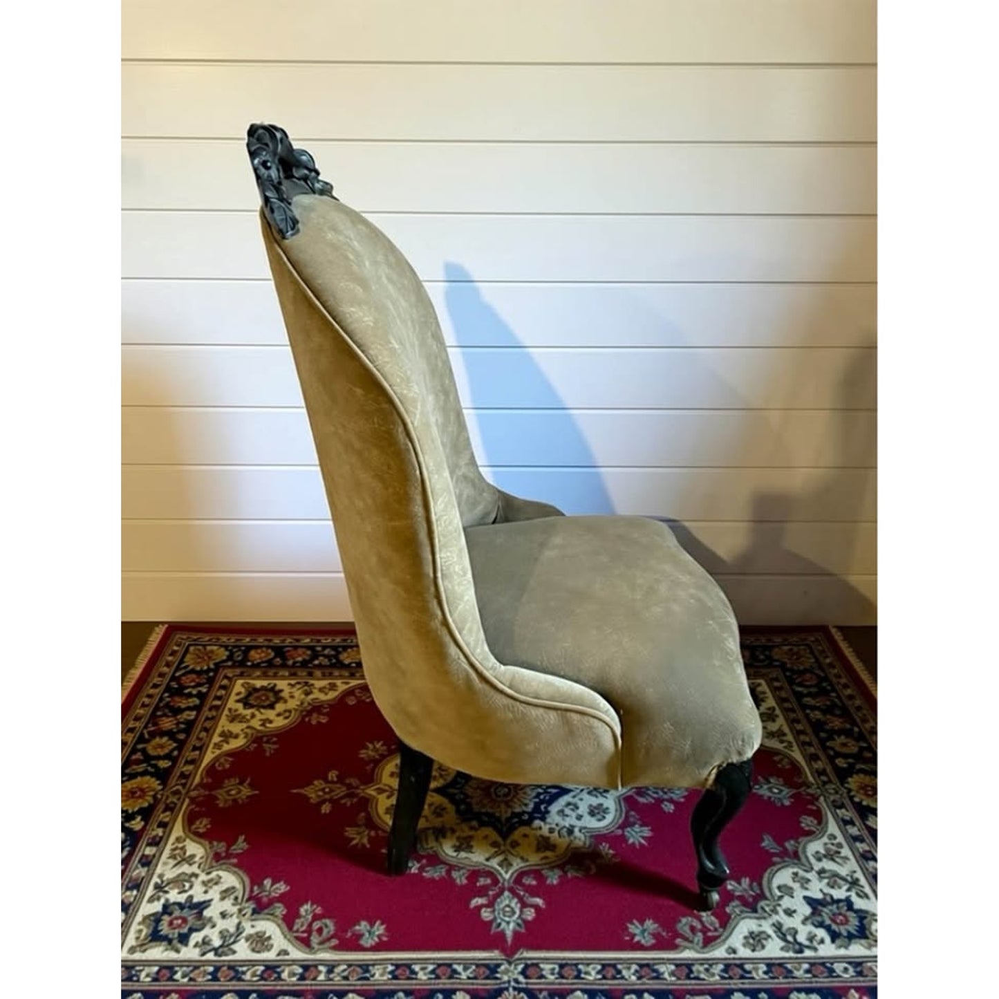 Antique 19th century Victorian chair with carved wood & original casters newly re- upholstered