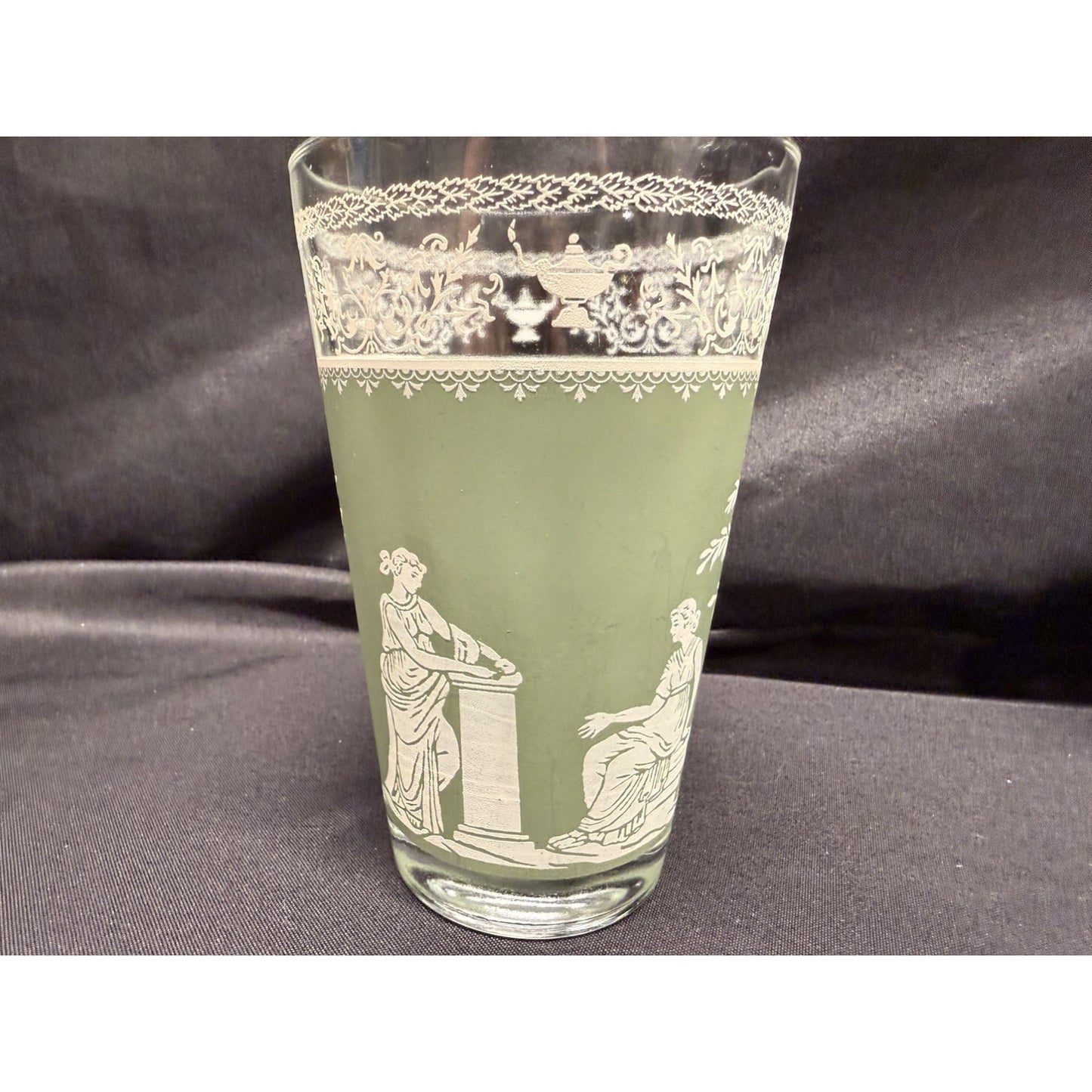 Set of 6 Wedgewood Jeanette Helllenic Sage green white Vintage glass tumblers 5”
