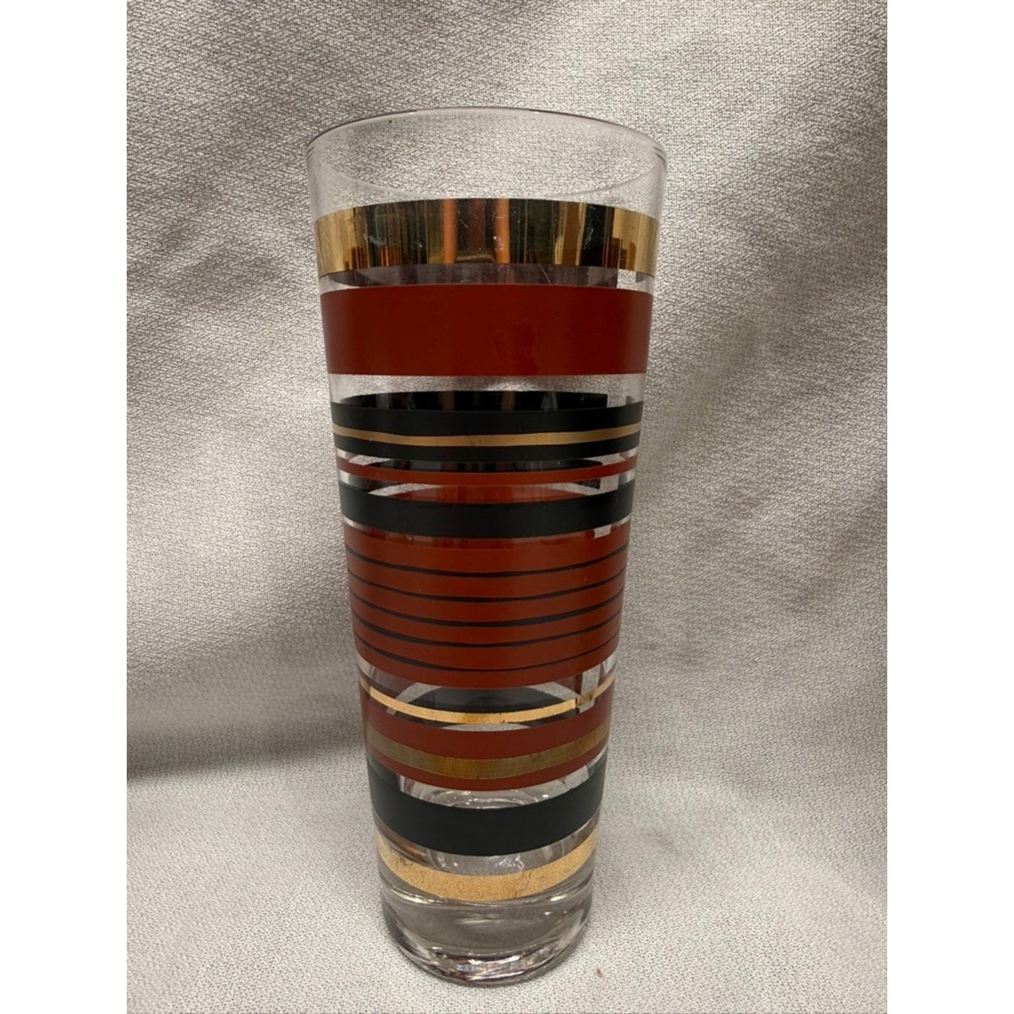 (7) Rare mid century modern high ball striped glasses red gold black 7" tumbler