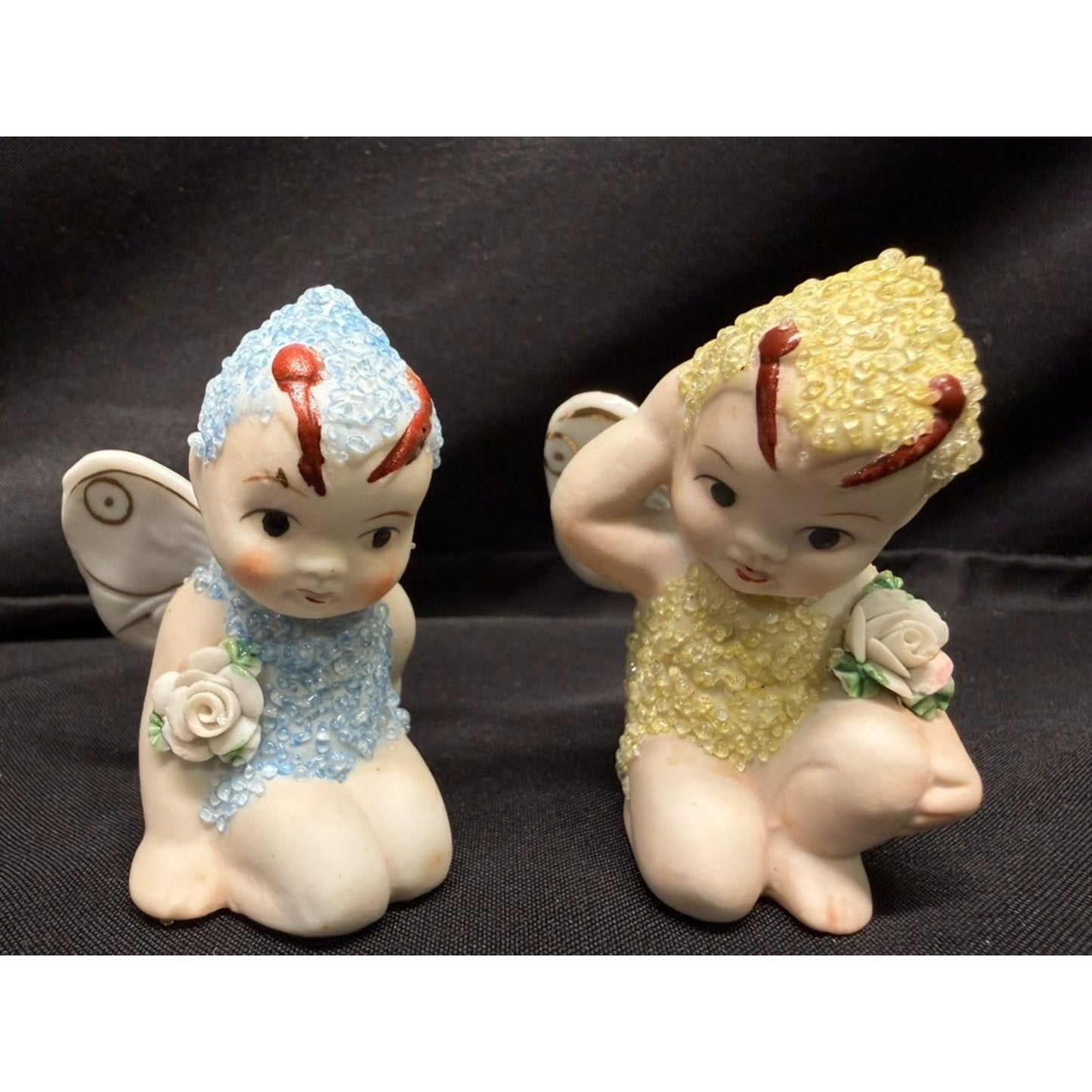 Pair of Vintage Sugar Baby Fairy Pixie Porcelain Figurines 1 blue 1 yellow 2.75"