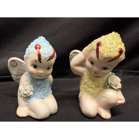 Pair of Vintage Sugar Baby Fairy Pixie Porcelain Figurines 1 blue 1 yellow 2.75"